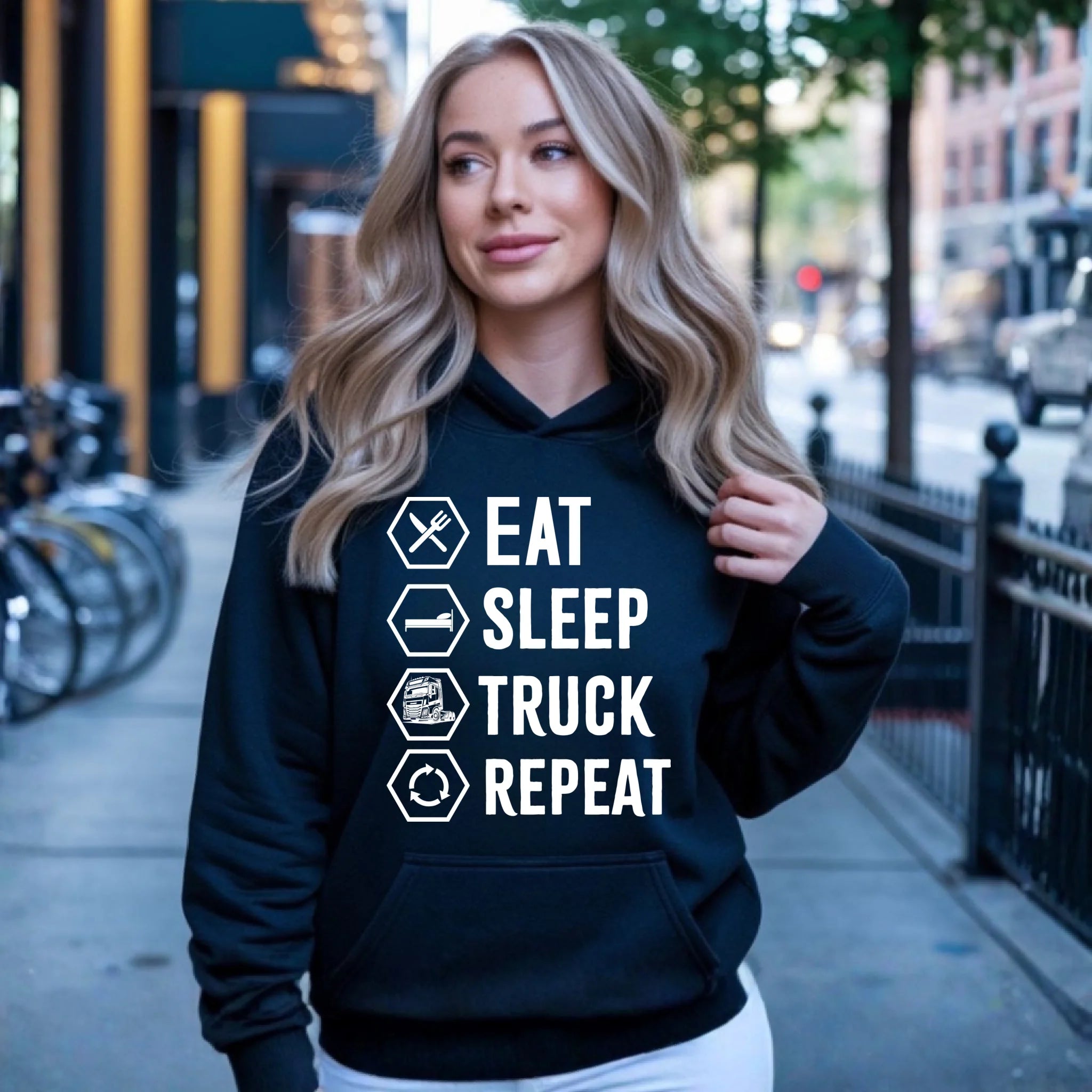 Bluza damska z kapturem dla kierowcy ciężarówki - Eat Sleep Truck Repeat ZKT05 - StoryCups.pl