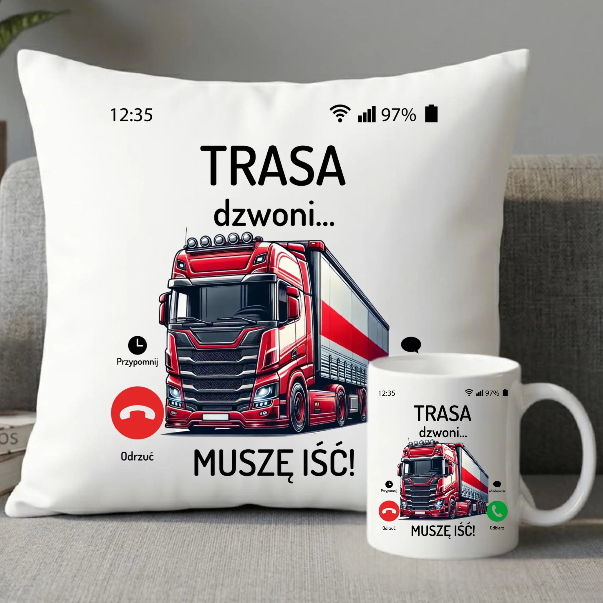 Zestaw poduszka i kubek dla zawodowego kierowcy - Trasa dzwoni muszę iść ZKT03 - StoryCups.pl