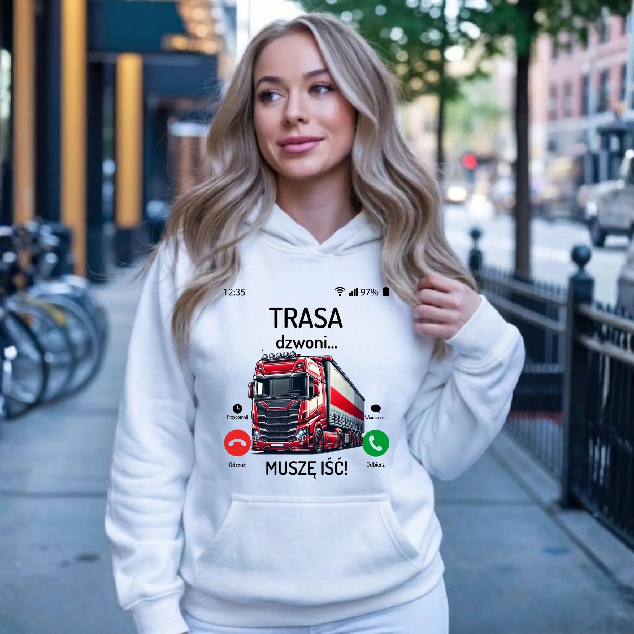 Bluza damska z kapturem dla zawodowego kierowcy - Trasa dzwoni muszę iść ZKT03 - StoryCups.pl