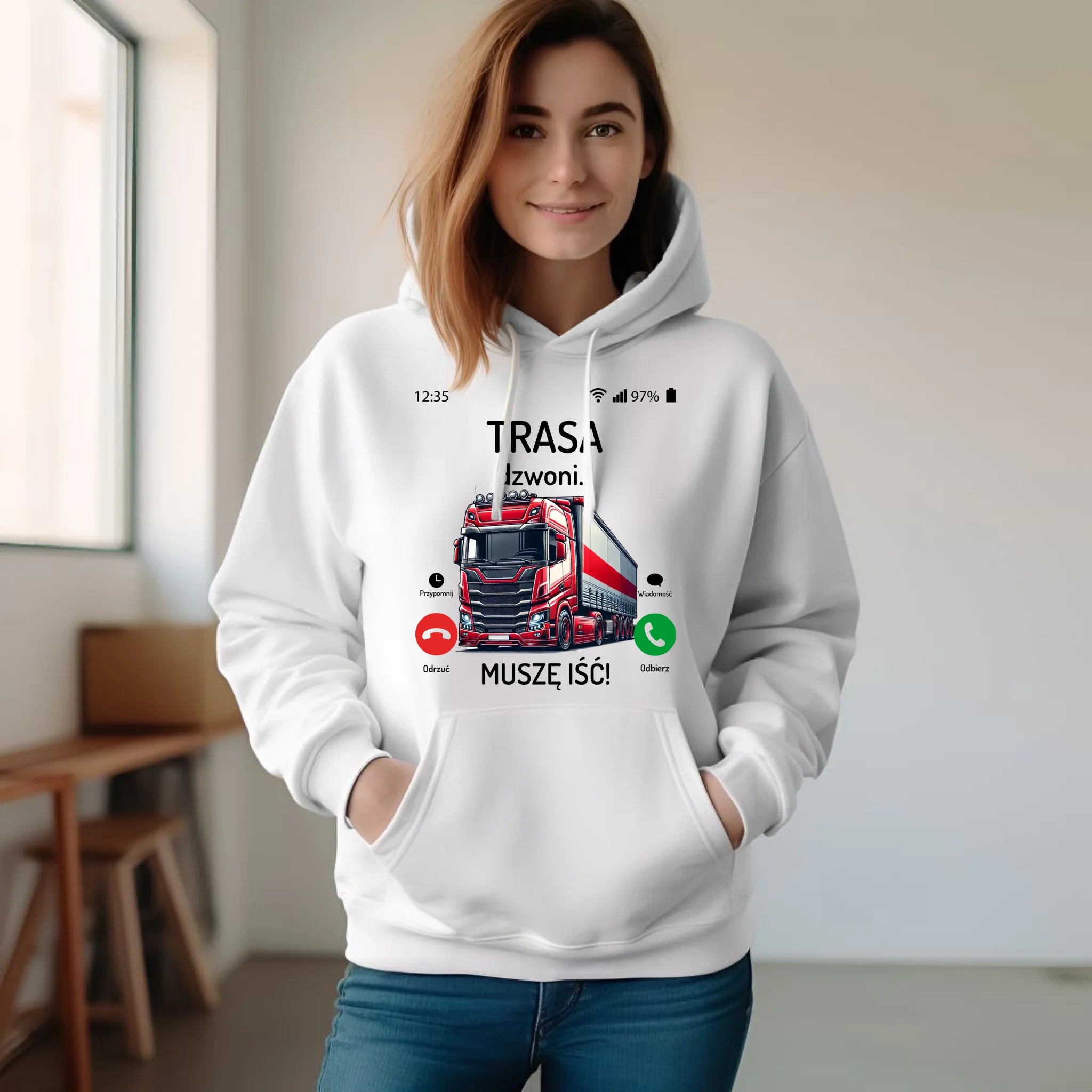 Bluza damska z kapturem dla zawodowego kierowcy - Trasa dzwoni muszę iść ZKT03 - StoryCups.pl