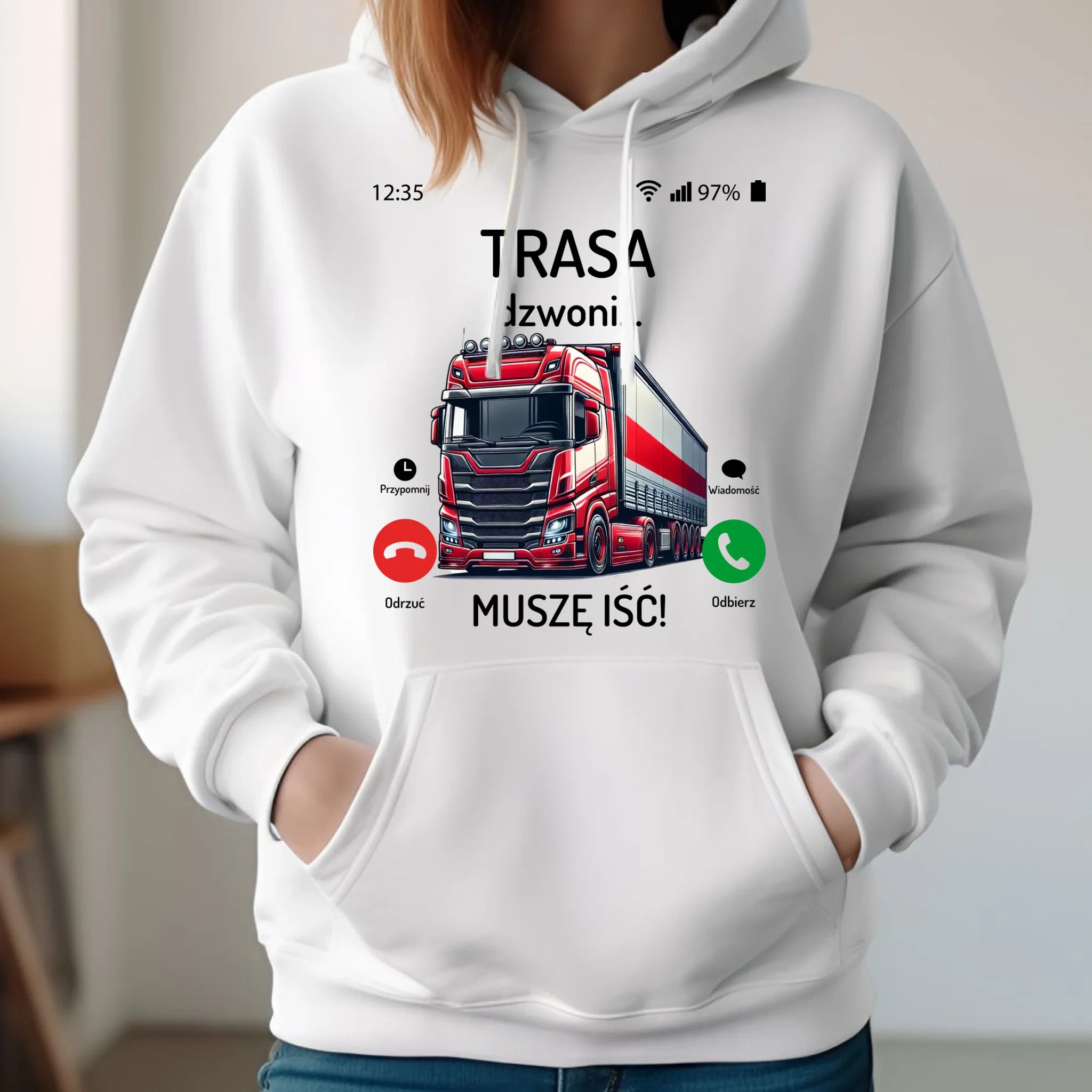 Bluza damska z kapturem dla zawodowego kierowcy - Trasa dzwoni muszę iść ZKT03 - StoryCups.pl