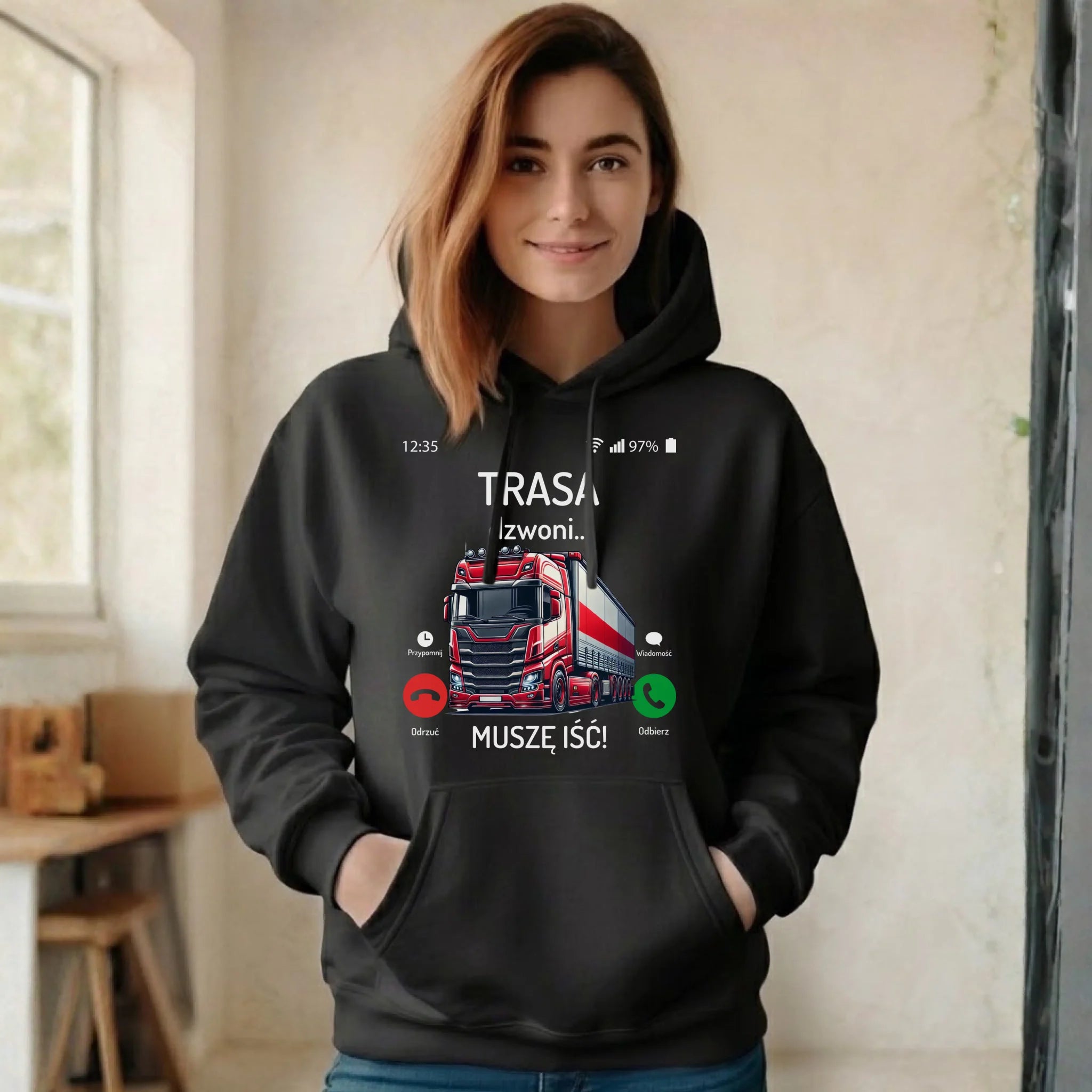 Bluza damska z kapturem dla zawodowego kierowcy - Trasa dzwoni muszę iść ZKT03 - StoryCups.pl