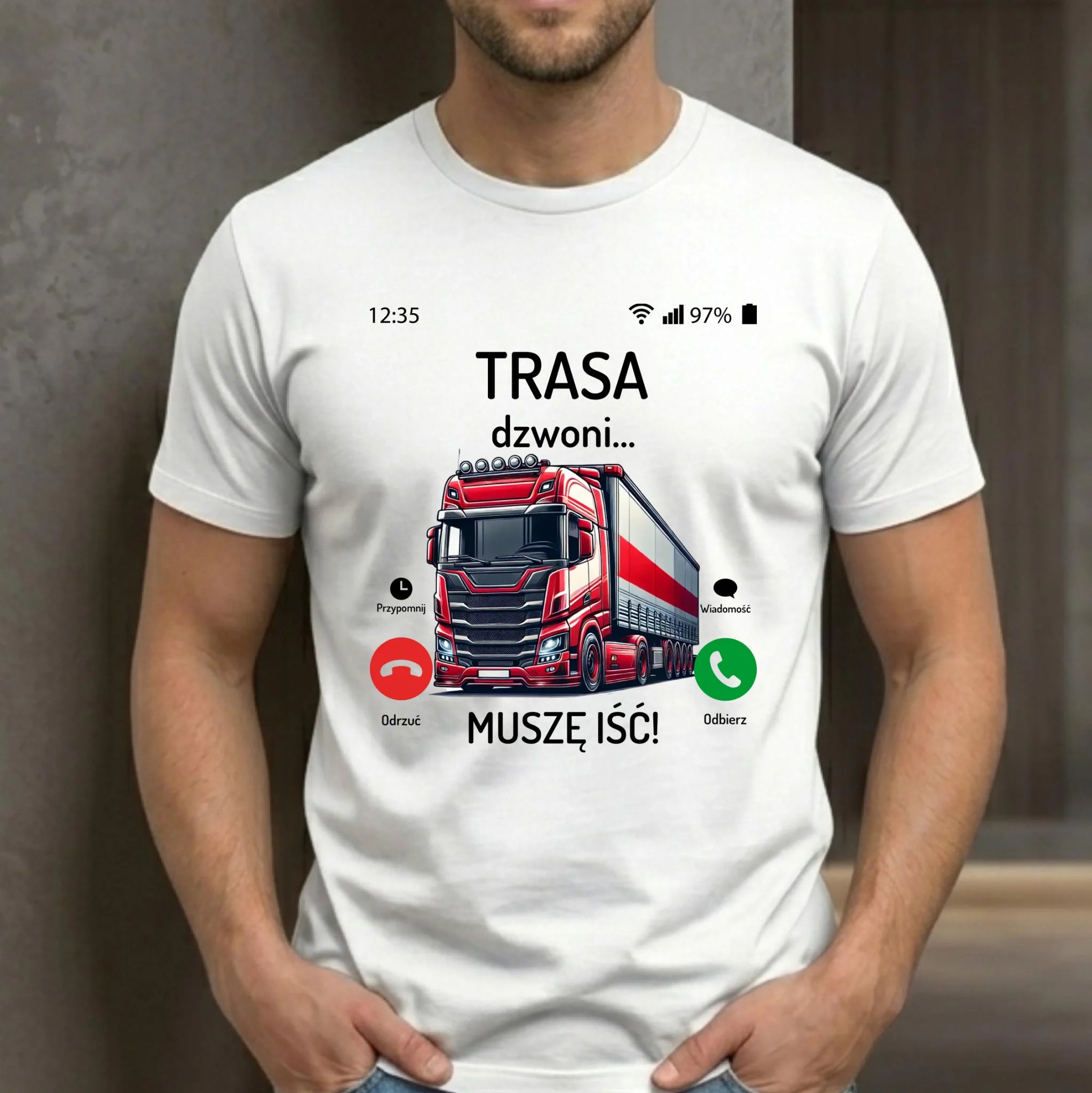 Koszulka męska dla zawodowego kierowcy - Trasa dzwoni muszę iść ZKT03 - StoryCups.pl
