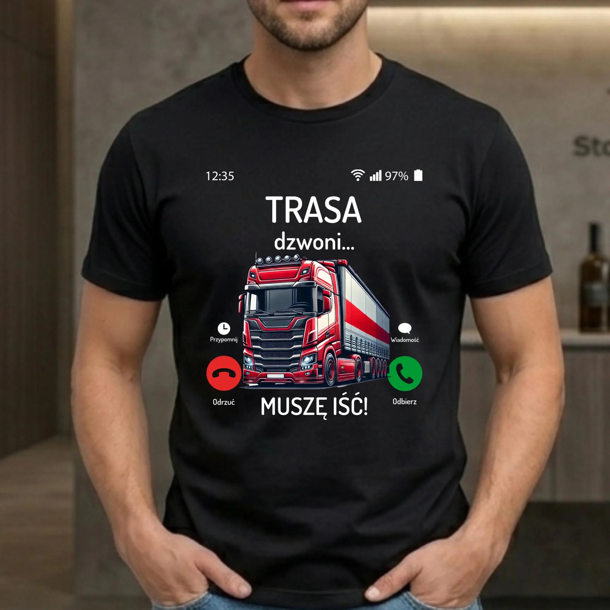 Koszulka męska dla zawodowego kierowcy - Trasa dzwoni muszę iść ZKT03 - StoryCups.pl