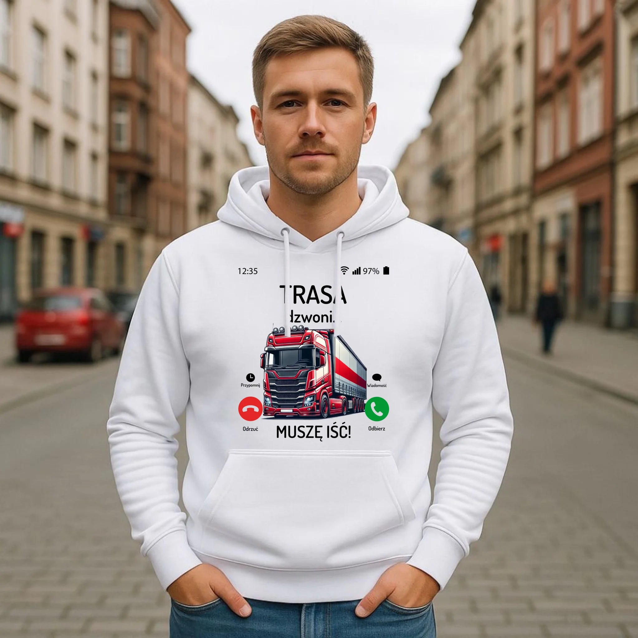 Bluza męska z kapturem dla zawodowego kierowcy - Trasa dzwoni muszę iść ZKT03 - StoryCups.pl