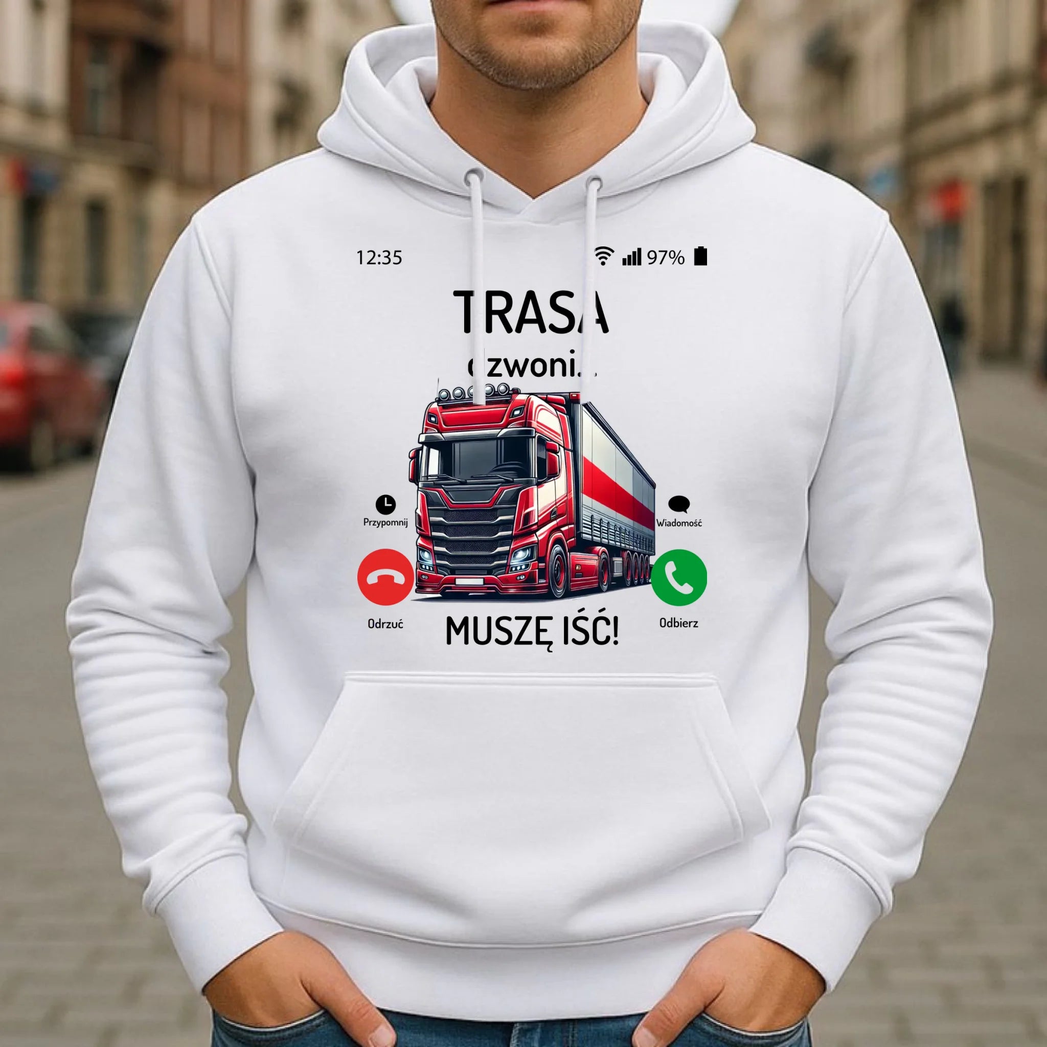 Bluza męska z kapturem dla zawodowego kierowcy - Trasa dzwoni muszę iść ZKT03 - StoryCups.pl