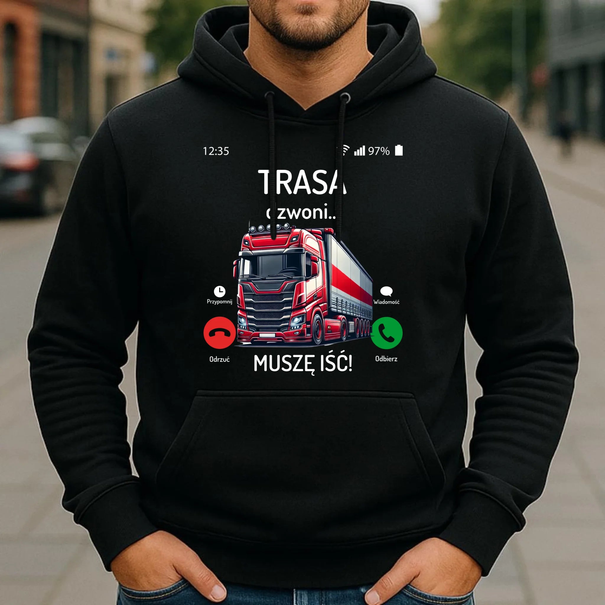 Bluza męska z kapturem dla zawodowego kierowcy - Trasa dzwoni muszę iść ZKT03 - StoryCups.pl