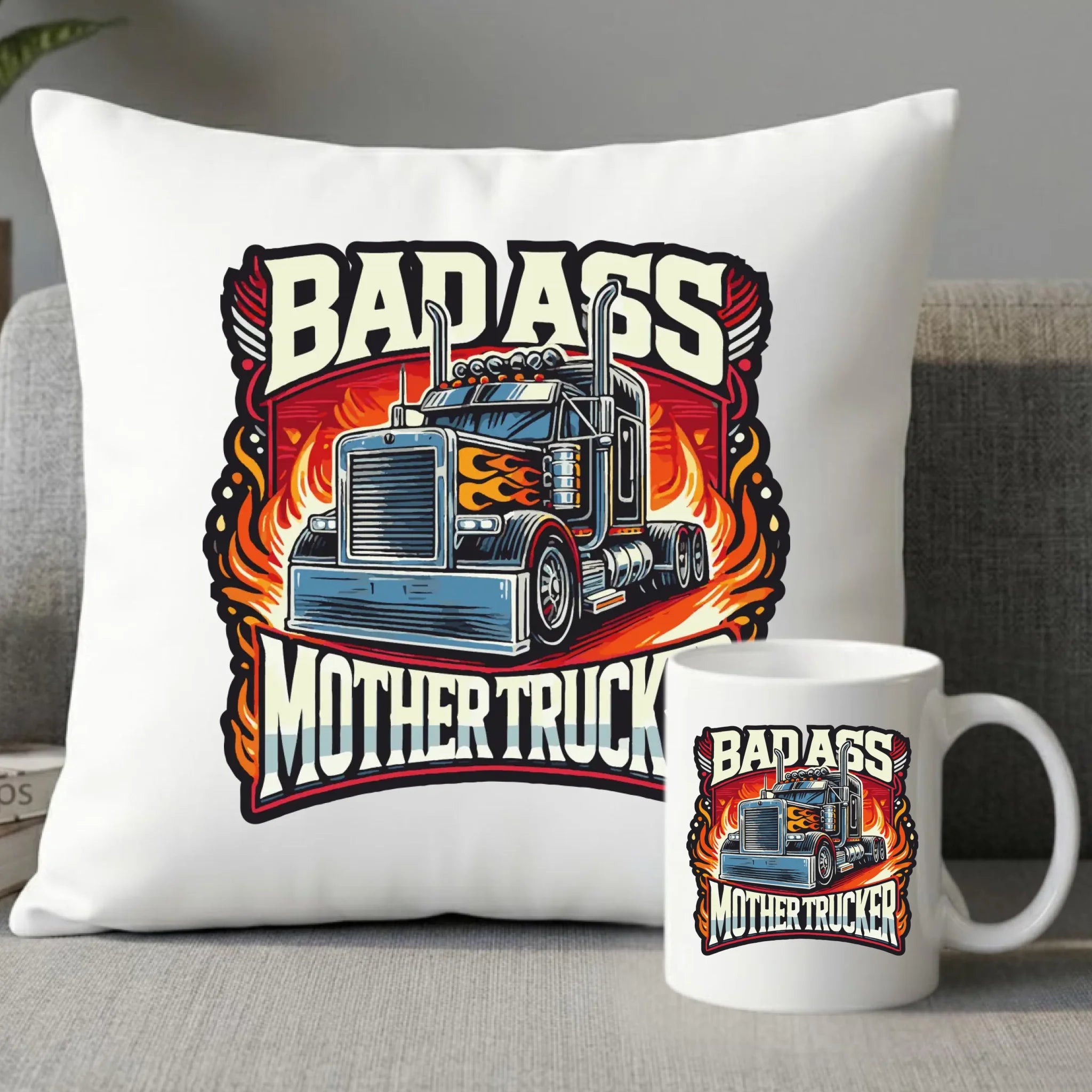 Zestaw poduszka i kubek dla kierowcy tira - Badass Mother Trucker ZKT04 - StoryCups.pl