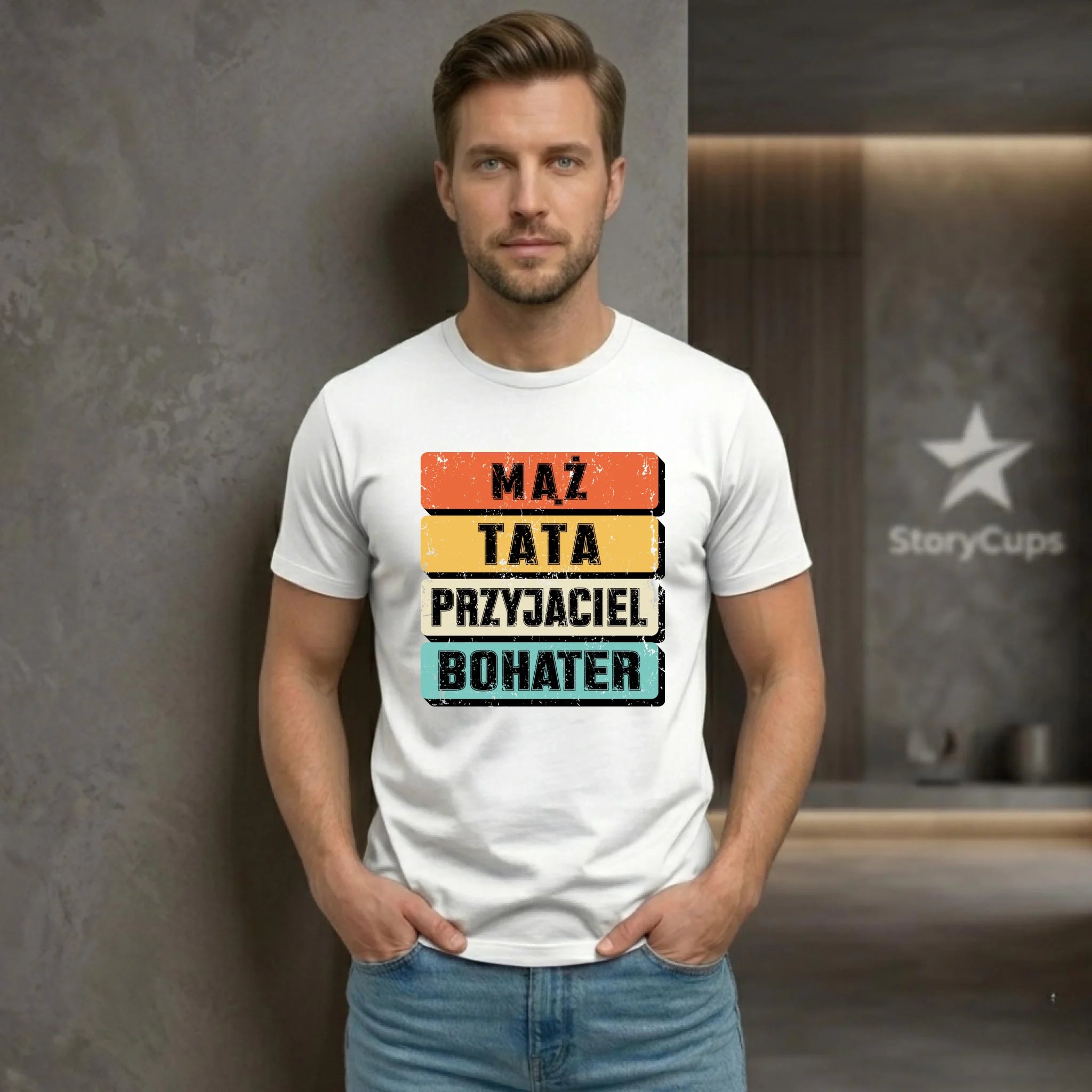 Koszulka dla taty - Mąż Tata Przyjaciel Bohater DT05 - StoryCups.pl