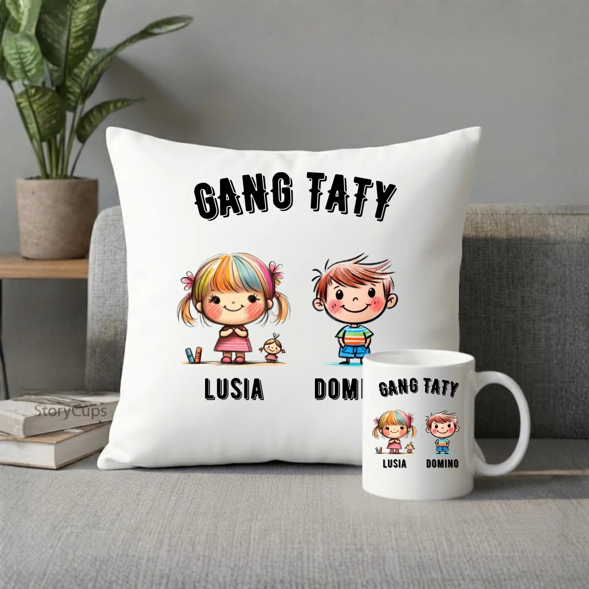 Zestaw poduszka i kubek dla taty z imionami dzieci - Gang taty - personalizowany DT09 - StoryCups.pl