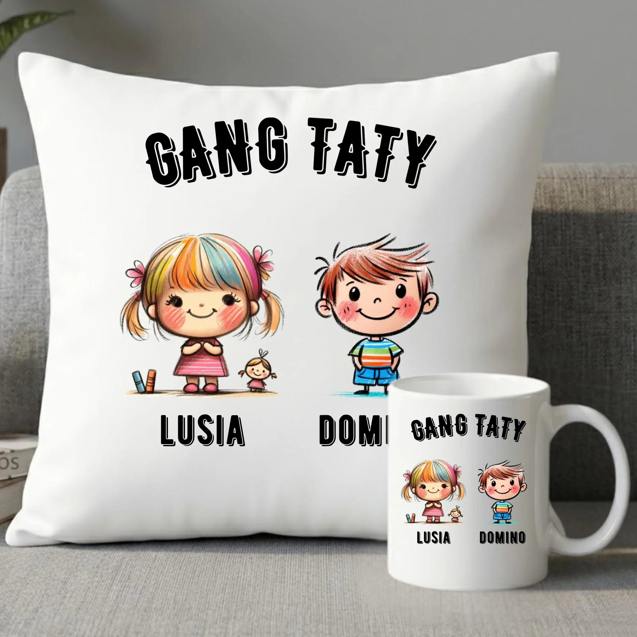 Zestaw poduszka i kubek dla taty z imionami dzieci - Gang taty - personalizowany DT09 - StoryCups.pl