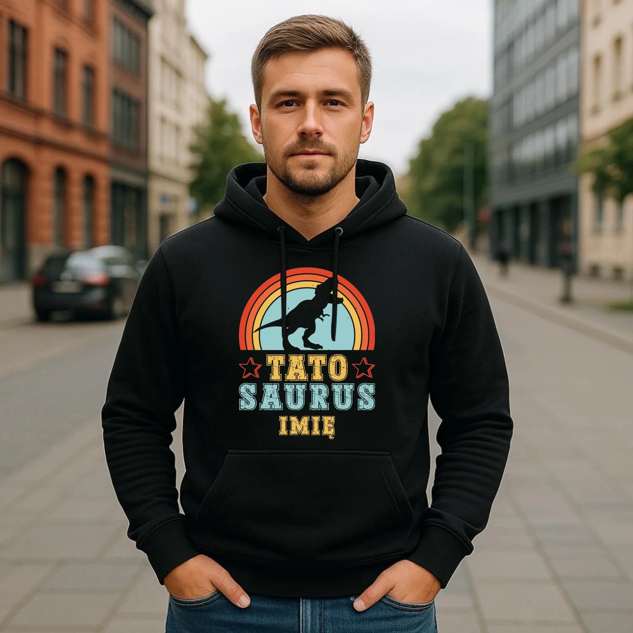 Bluza męska z kapturem dla taty - Tato Saurus - personalizowana DT03 - StoryCups.pl