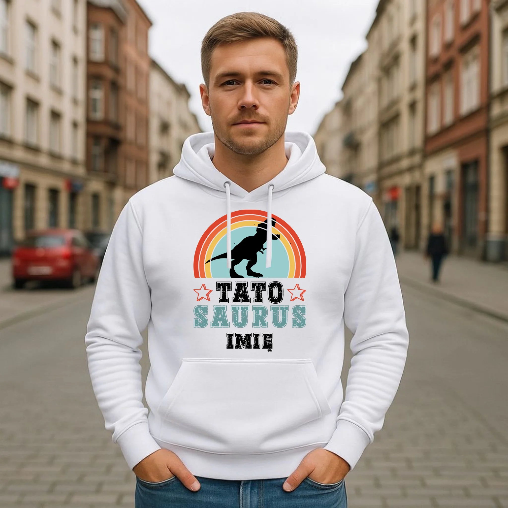 Bluza męska z kapturem dla taty - Tato Saurus - personalizowana DT03 - StoryCups.pl