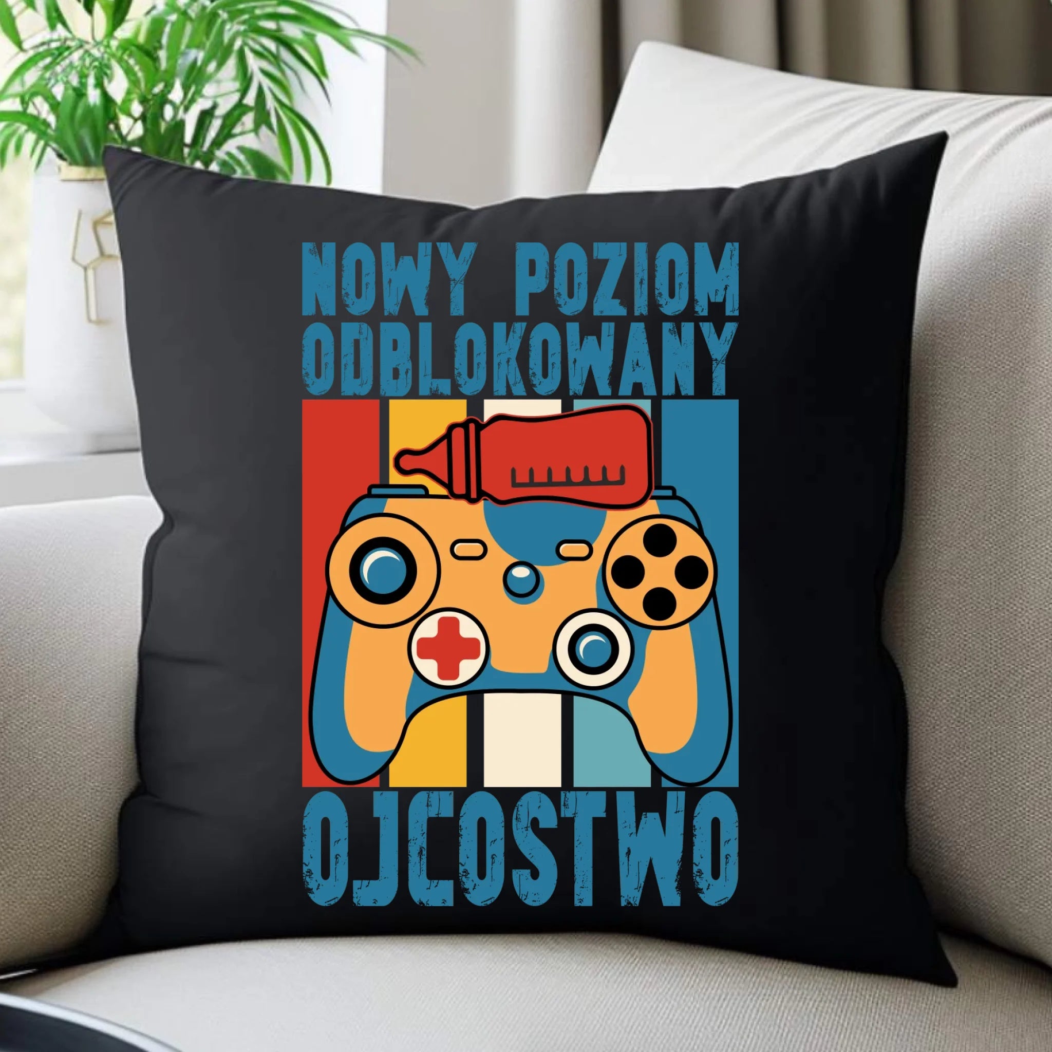 Poduszka dekoracyjna dla młodego taty gamera - Nowy poziom odblokowany DT24 - StoryCups.pl