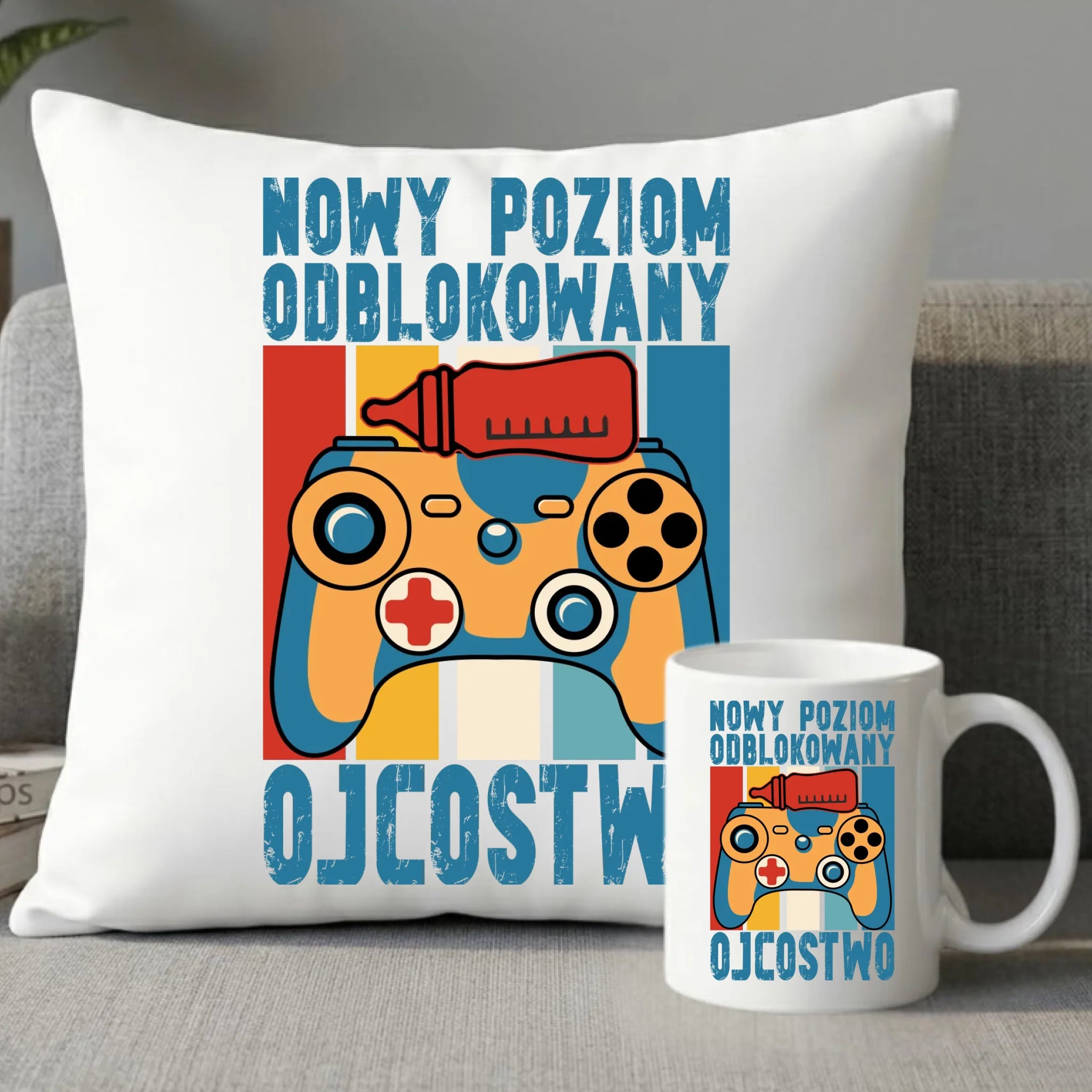 Zestaw poduszka i kubek dla młodego taty gamera - Nowy poziom odblokowany DT24 - StoryCups.pl