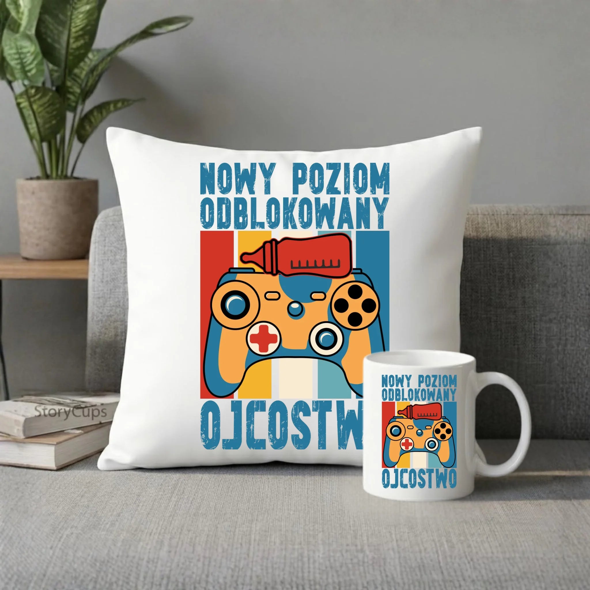 Zestaw poduszka i kubek dla młodego taty gamera - Nowy poziom odblokowany DT24 - StoryCups.pl