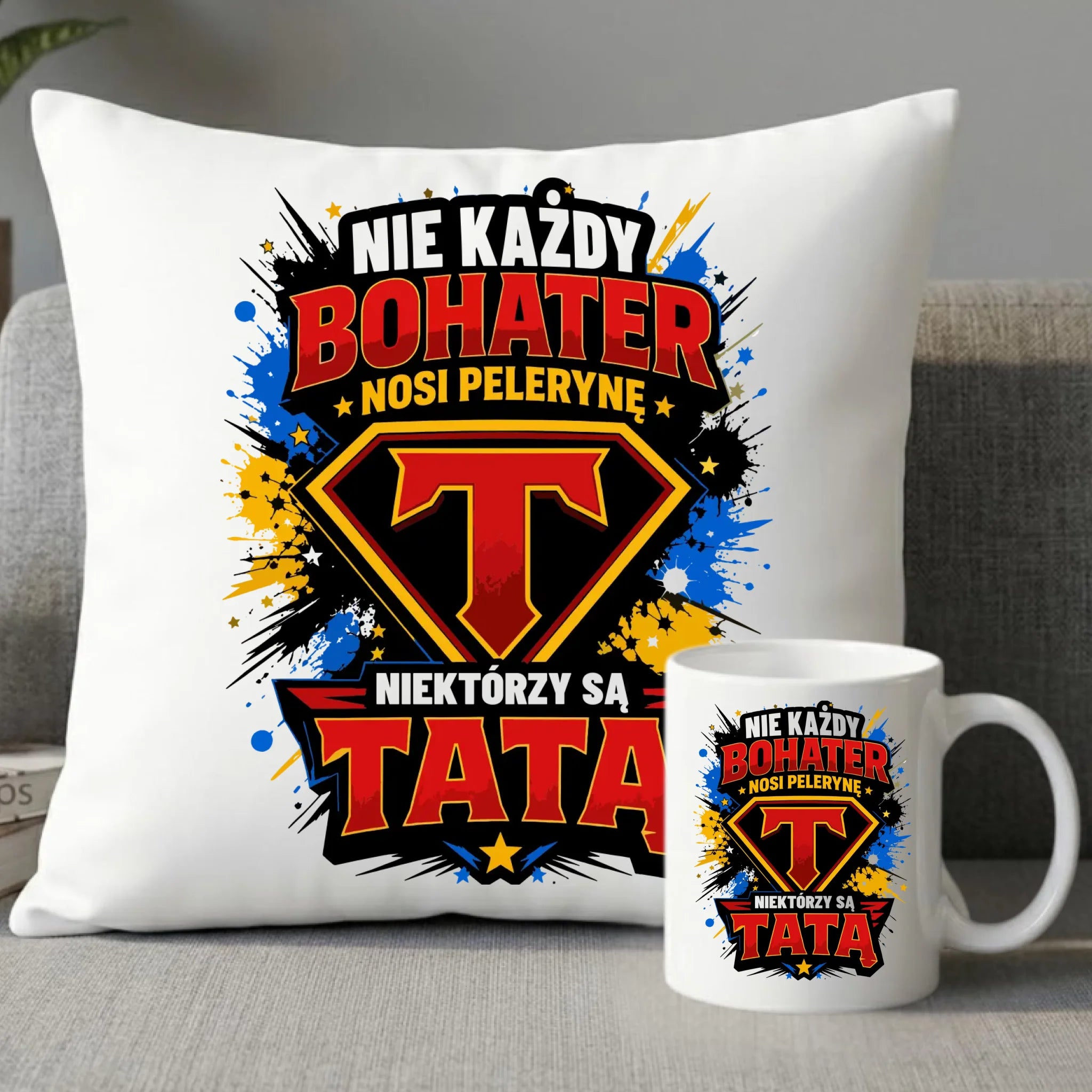 Zestaw poduszka i kubek dla taty - Nie każdy bohater nosi pelerynę DT29 - StoryCups.pl