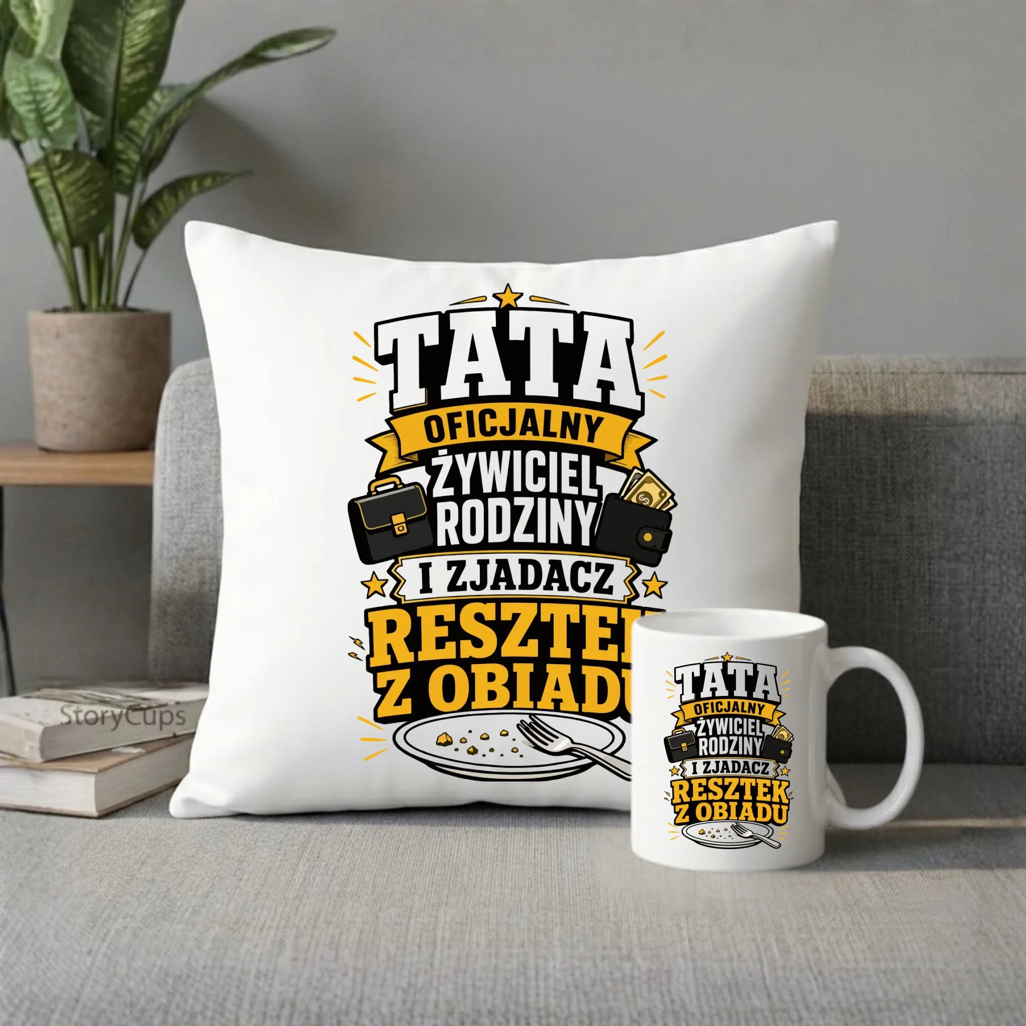Zestaw poduszka i kubek dla taty - Tata oficjalny żywiciel rodziny DT34 - StoryCups.pl