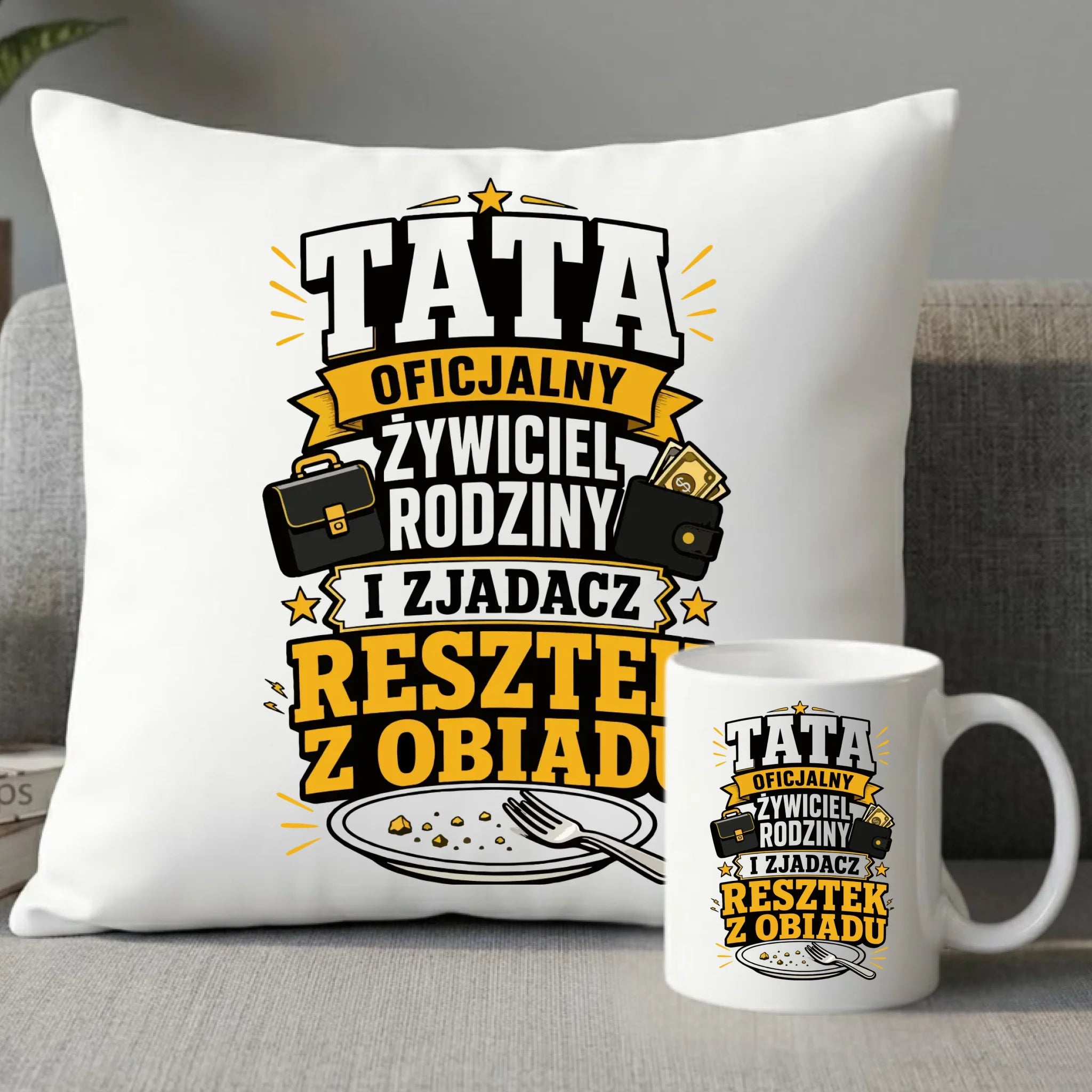 Zestaw poduszka i kubek dla taty - Tata oficjalny żywiciel rodziny DT34 - StoryCups.pl