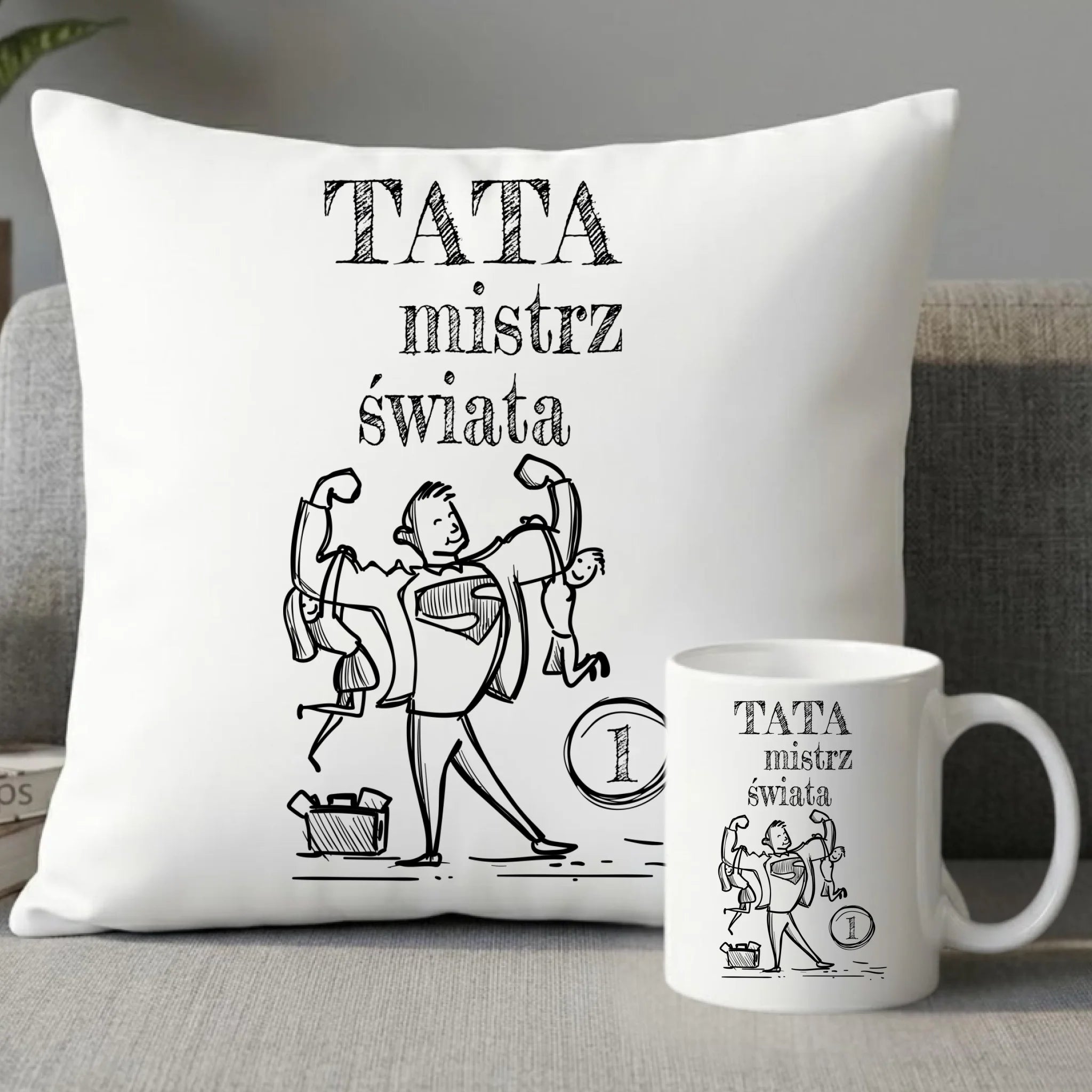 Zestaw poduszka i kubek dla taty - Tata Mistrz Świata DT36 - StoryCups.pl