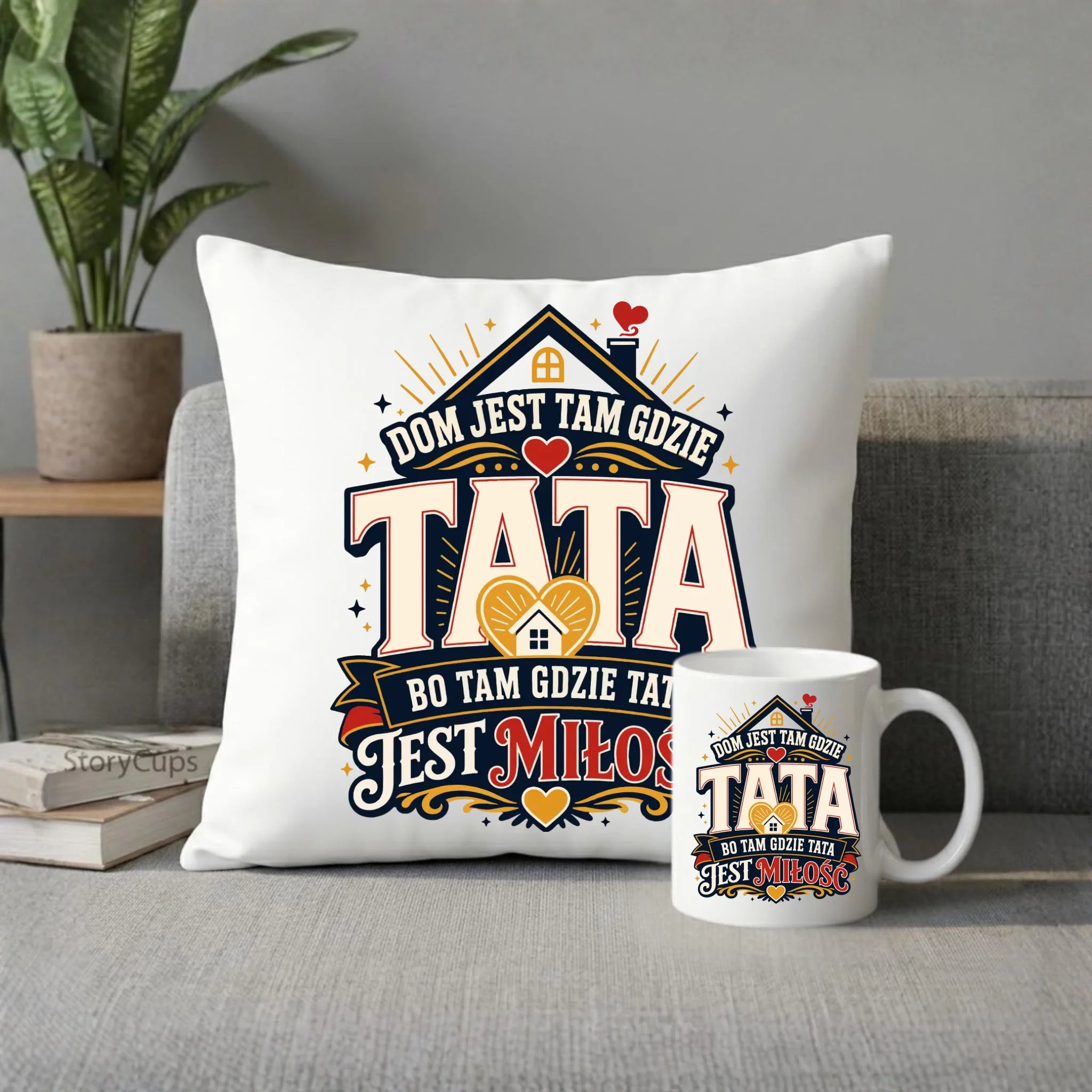 Zestaw poduszka i kubek dla taty - Dom jest tam gdzie tata DT37 - StoryCups.pl