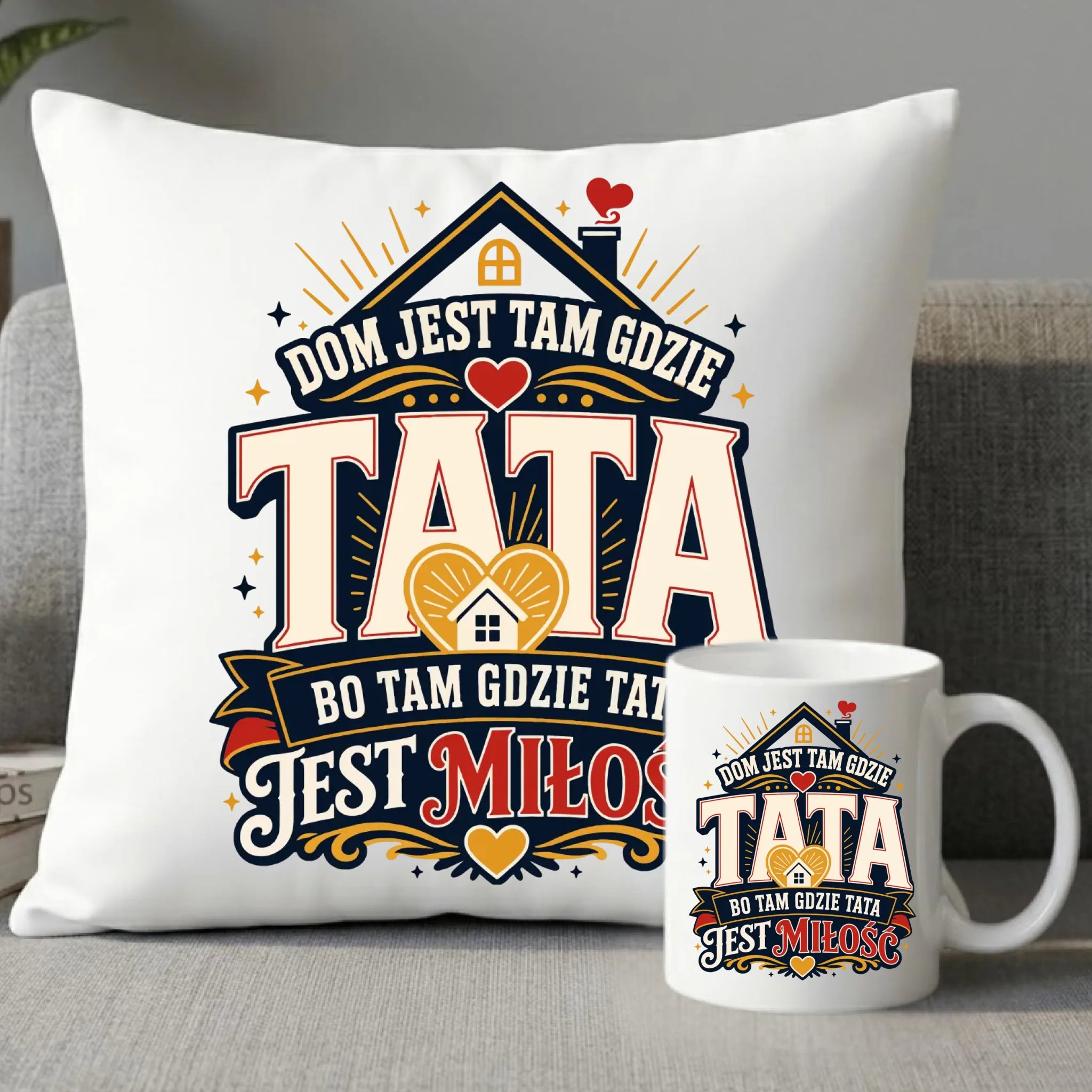 Zestaw poduszka i kubek dla taty - Dom jest tam gdzie tata DT37 - StoryCups.pl