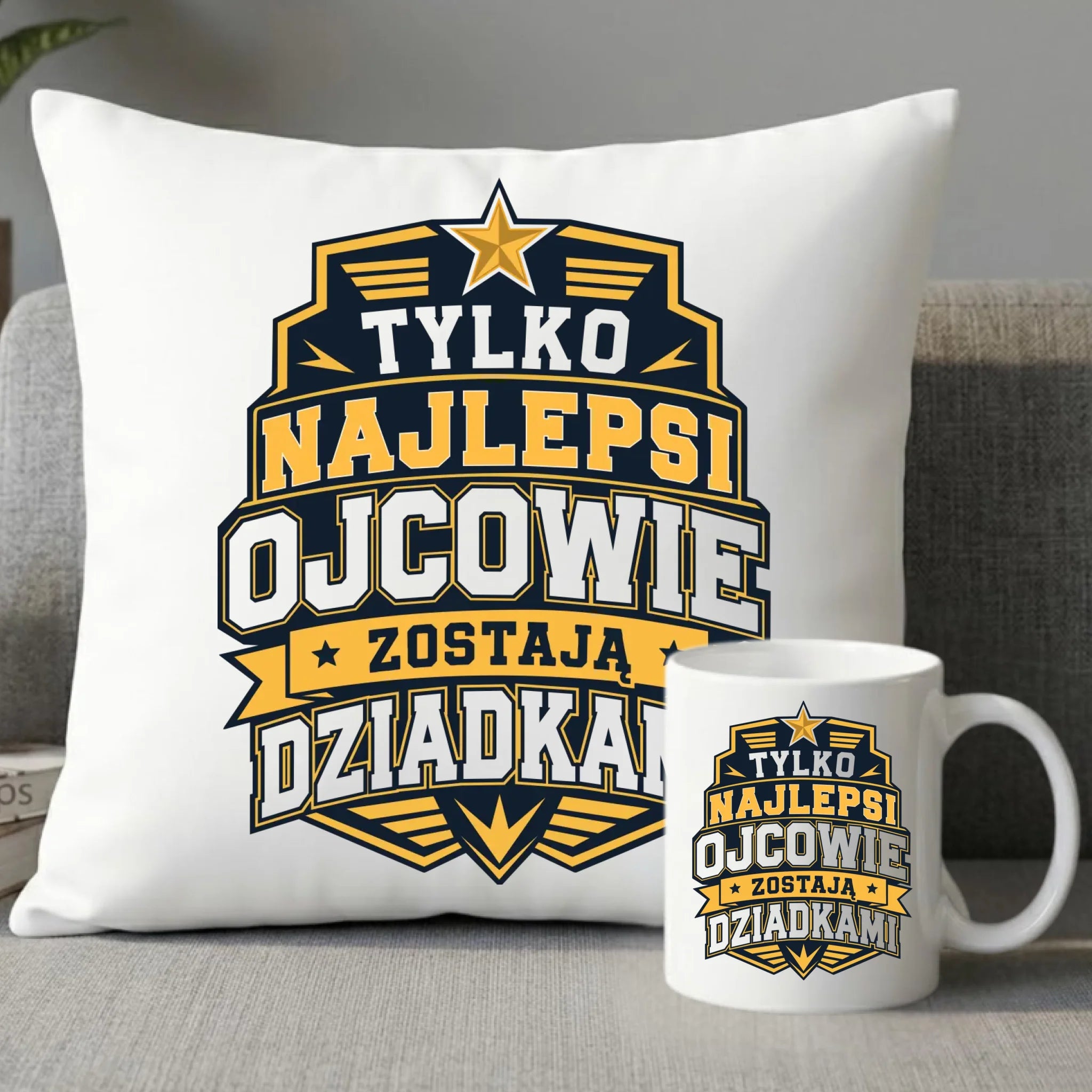 Zestaw poduszka i kubek dla taty przyszłego dziadka - Tylko najlepsi ojcowie zostają dziadkami DT39 - StoryCups.pl