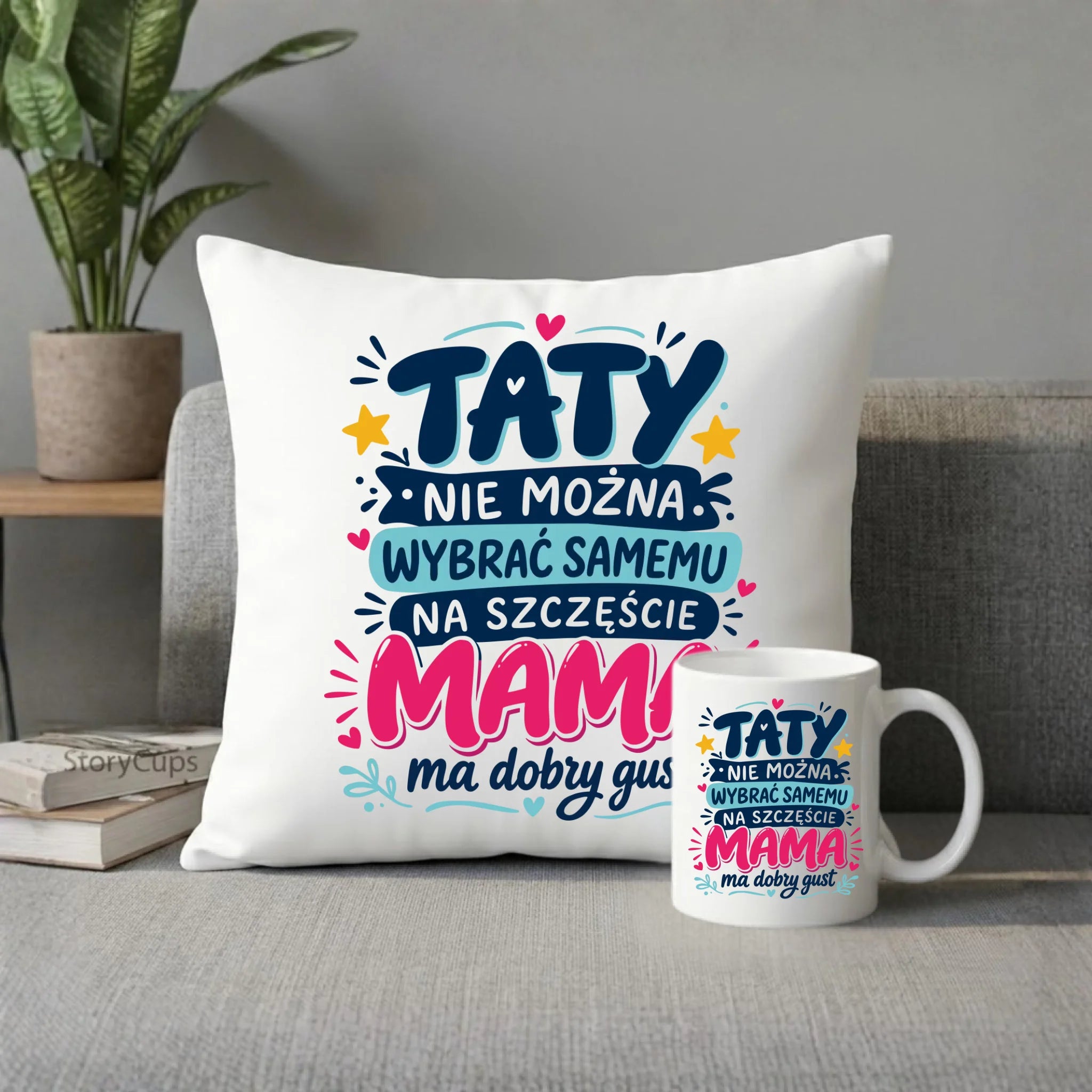 Zestaw poduszka i kubek dla taty - Taty nie można wybrać samemu na szczęście mama do dobry gust DT40 - StoryCups.pl