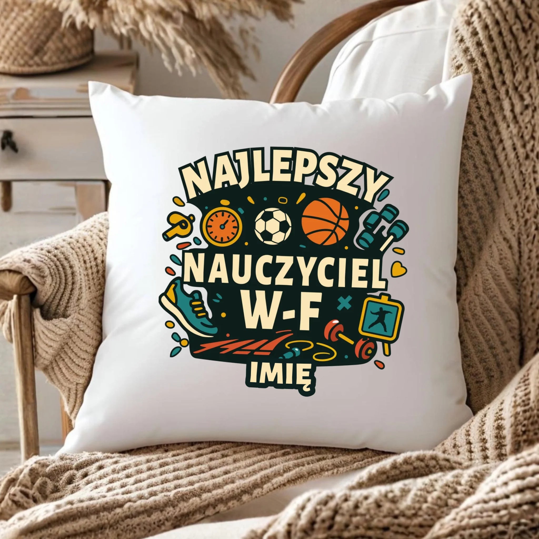Poduszka dla nauczyciela wychowania fizycznego W-F - personalizowana N50 - StoryCups.pl