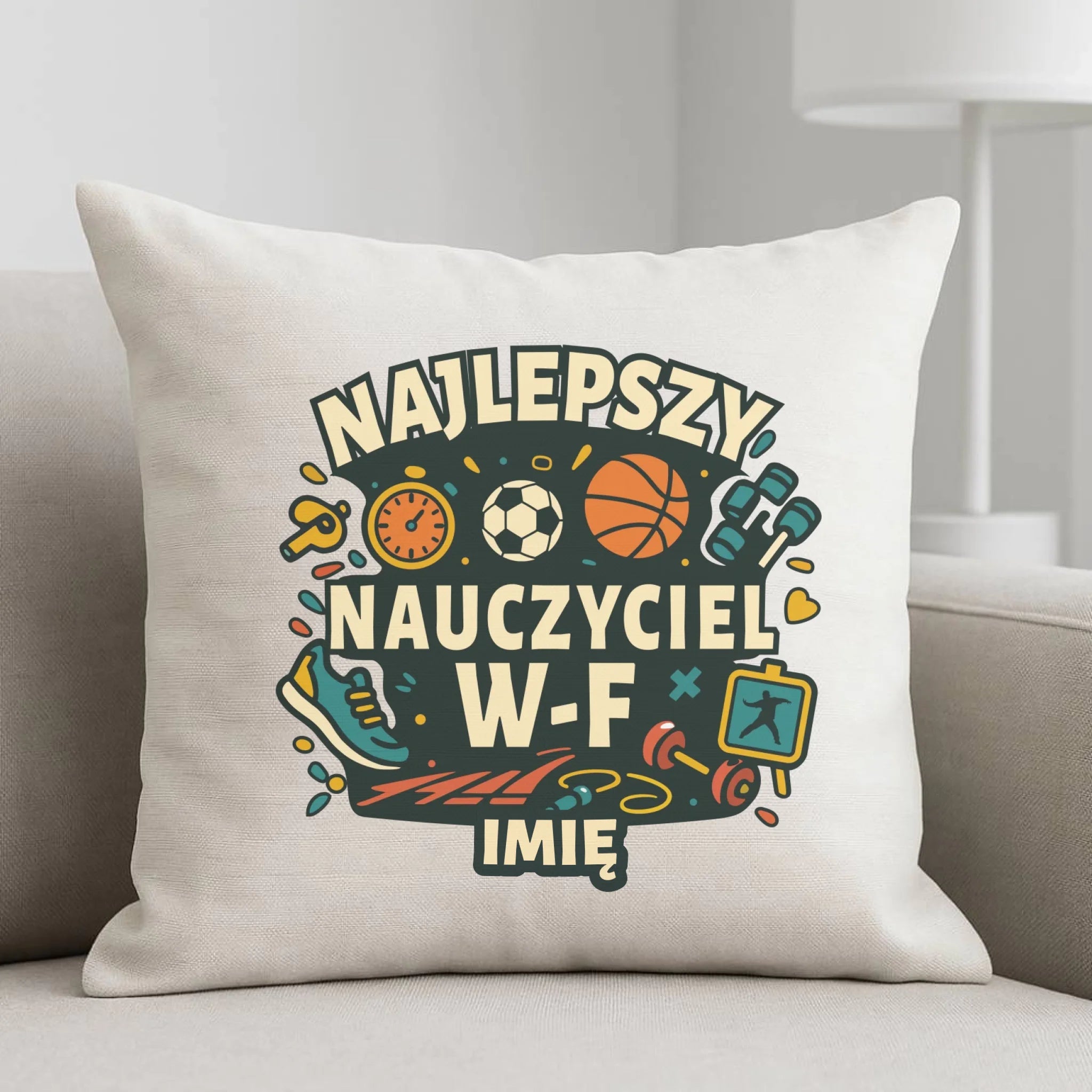 Poduszka dla nauczyciela wychowania fizycznego W-F - personalizowana N50 - StoryCups.pl