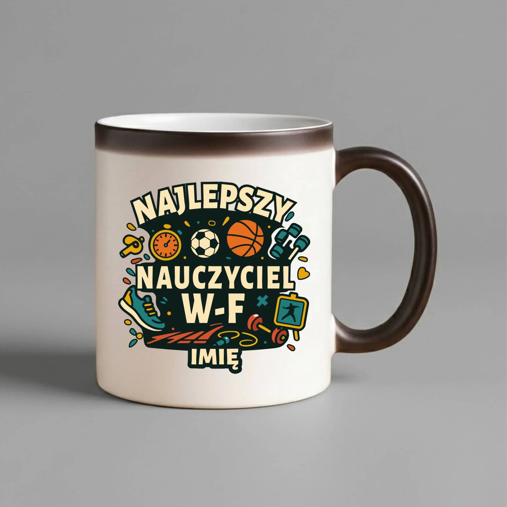 Kubek magiczny dla nauczyciela wychowania fizycznego W-F - personalizowany N50 - StoryCups.pl