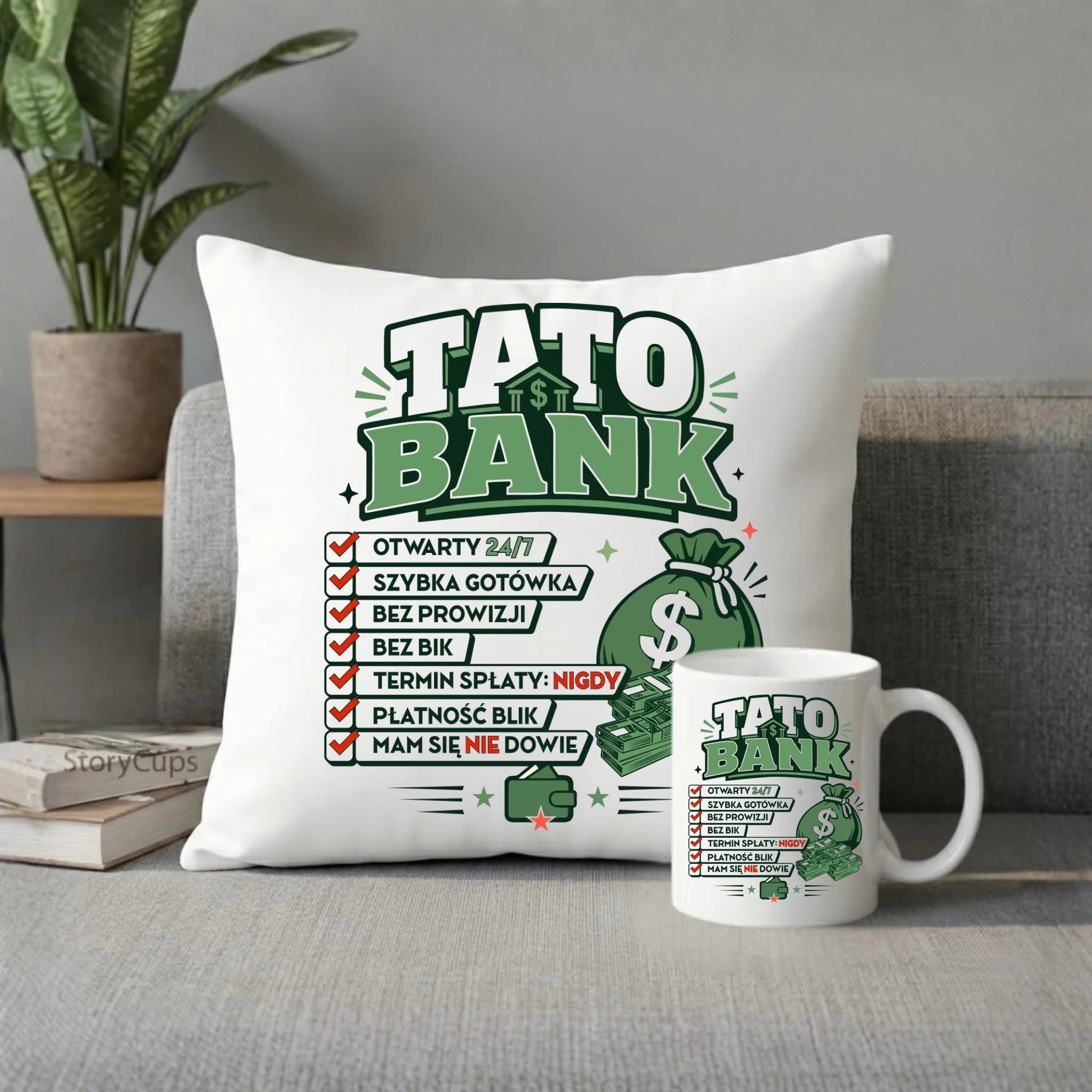Zestaw poduszka i kubek dla taty - Tato Bank DT41 - StoryCups.pl