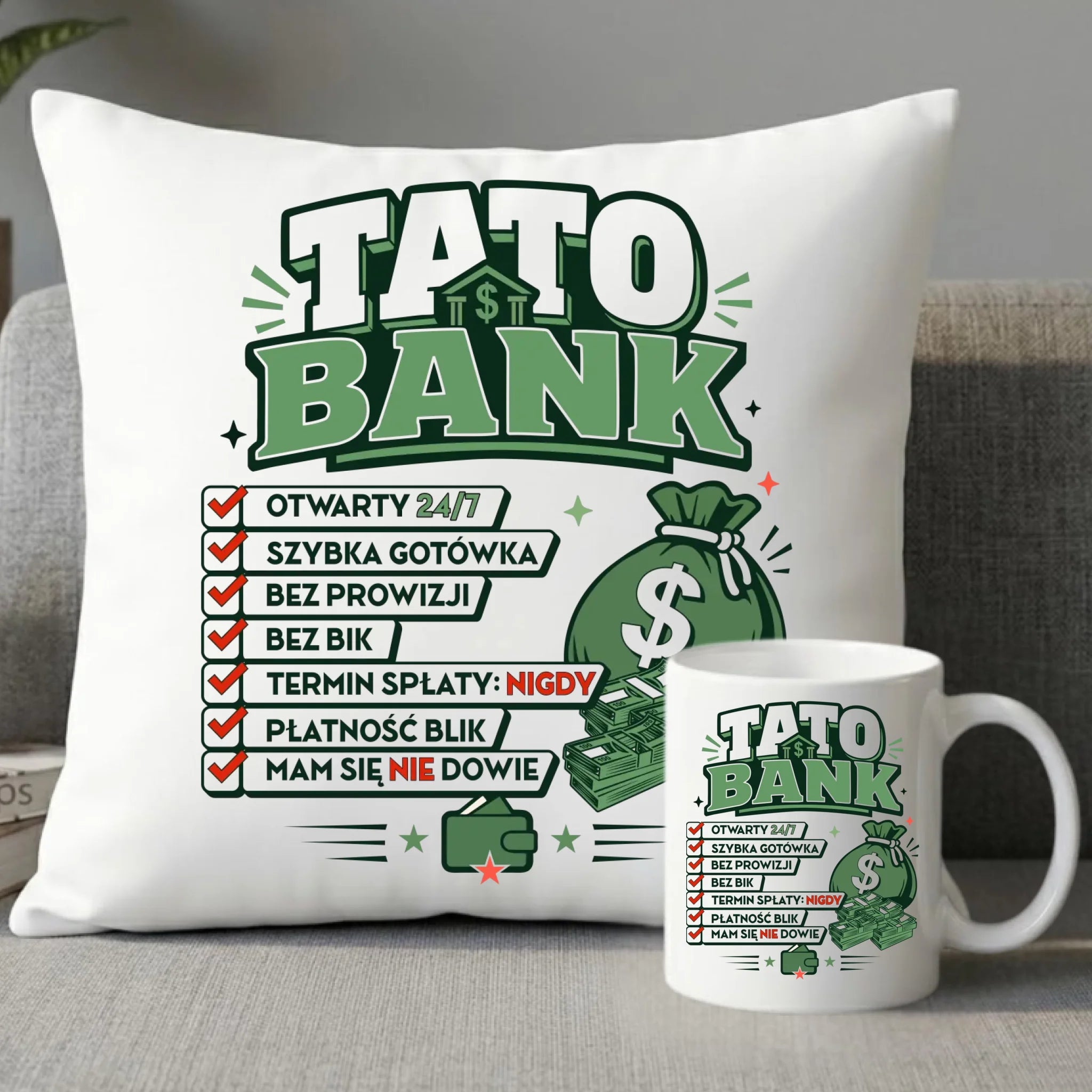 Zestaw poduszka i kubek dla taty - Tato Bank DT41 - StoryCups.pl