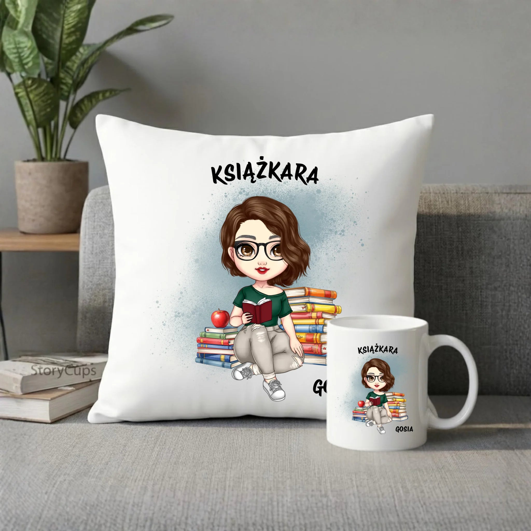 Zestaw poduszka i kubek - Książkara - Prezent dla miłośniczki czytania książek - personalizowany DZ03