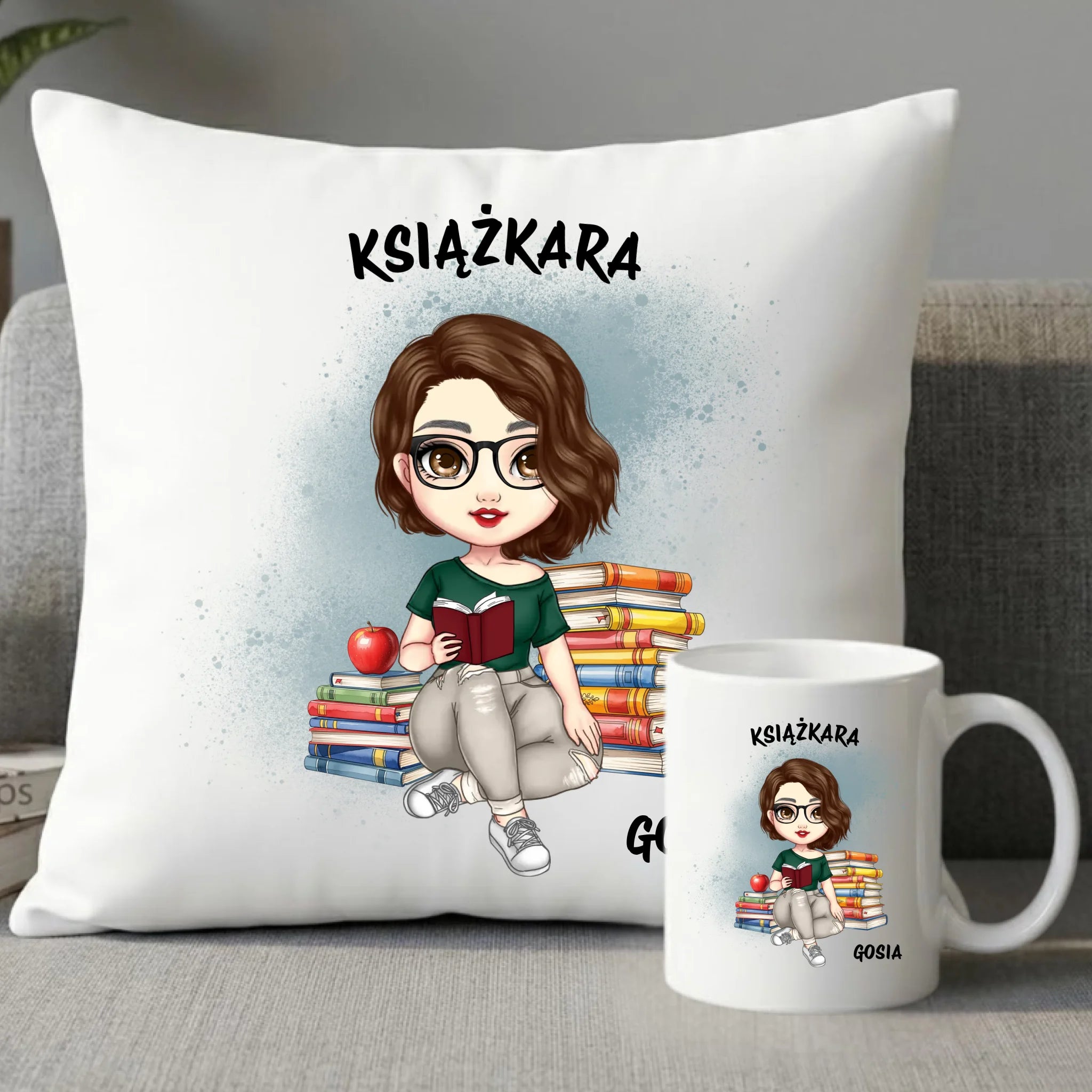Zestaw poduszka i kubek - Książkara - Prezent dla miłośniczki czytania książek - personalizowany DZ03