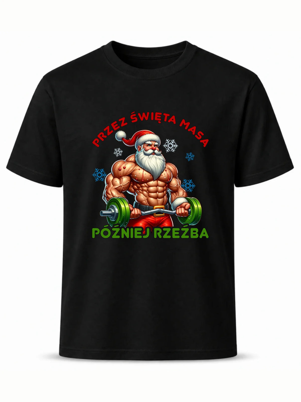 Koszulka męska świąteczna - Mikołaj na siłowni - Przez święta masa, później rzeźba BN139