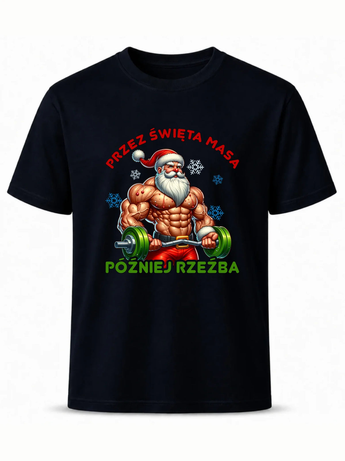 Koszulka męska świąteczna - Mikołaj na siłowni - Przez święta masa, później rzeźba BN139