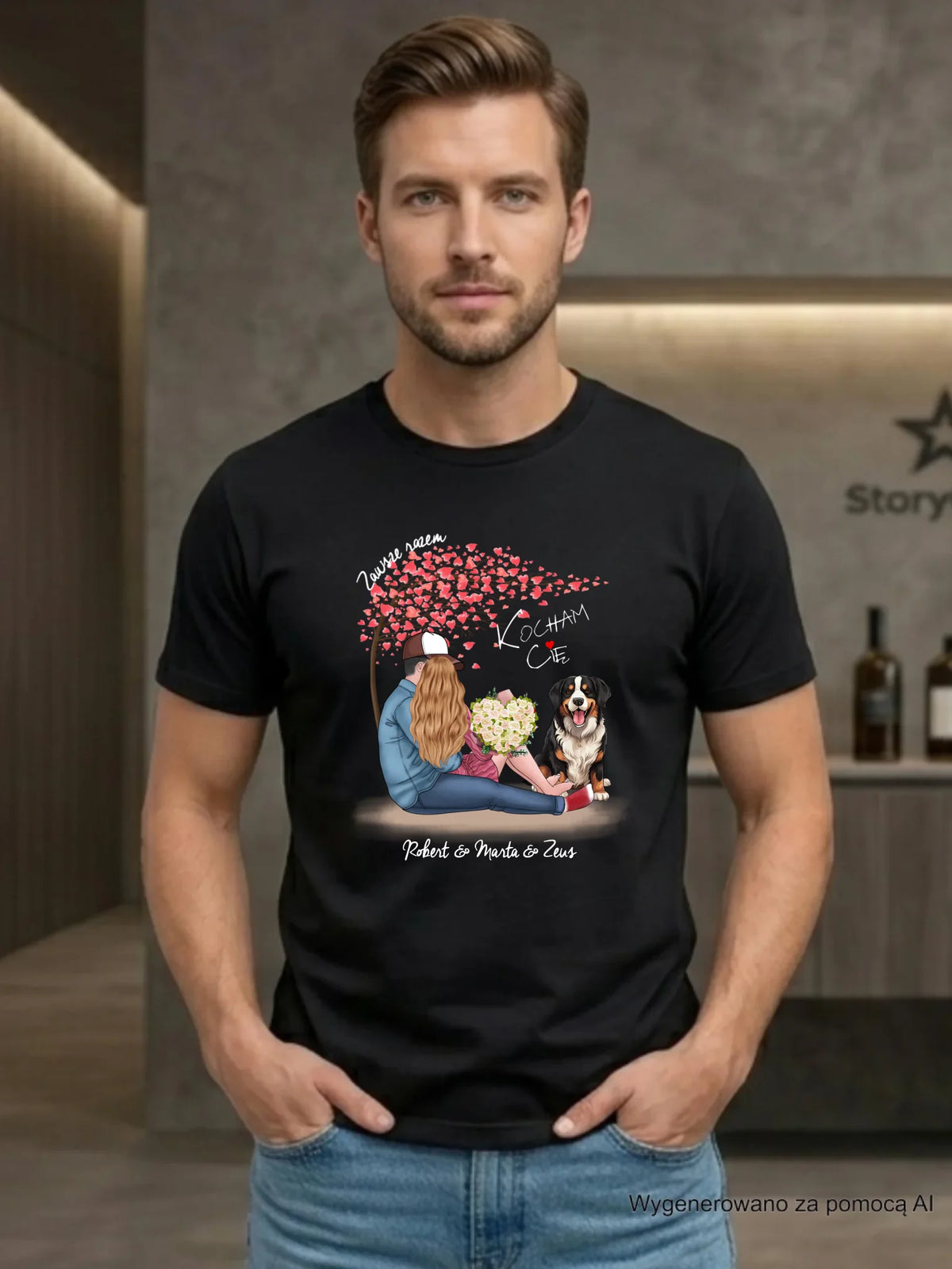 Koszulka męska dla par + Berneńczyk - Zawsze razem - personalizowana W04A