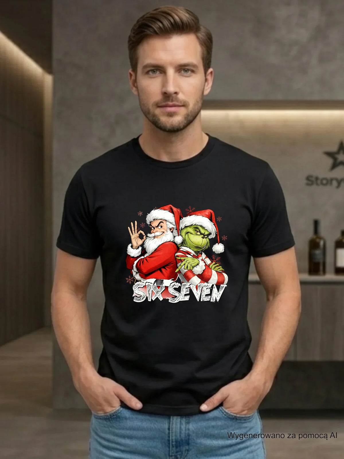 Koszulka męska świąteczna - Mikołaj i Grinch six seven 67 BN148