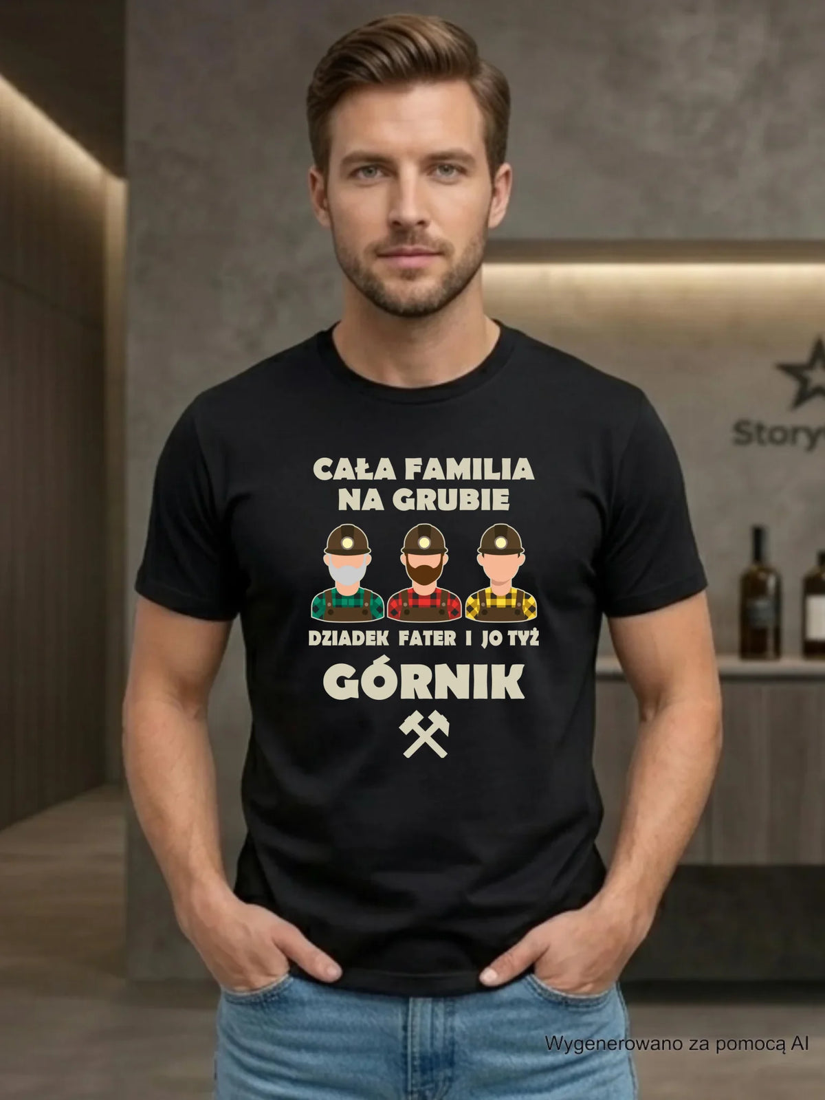 Koszulka męska - prezent dla górnika - Cała familia na grubie dziadek fater i jo tyż górnik G10