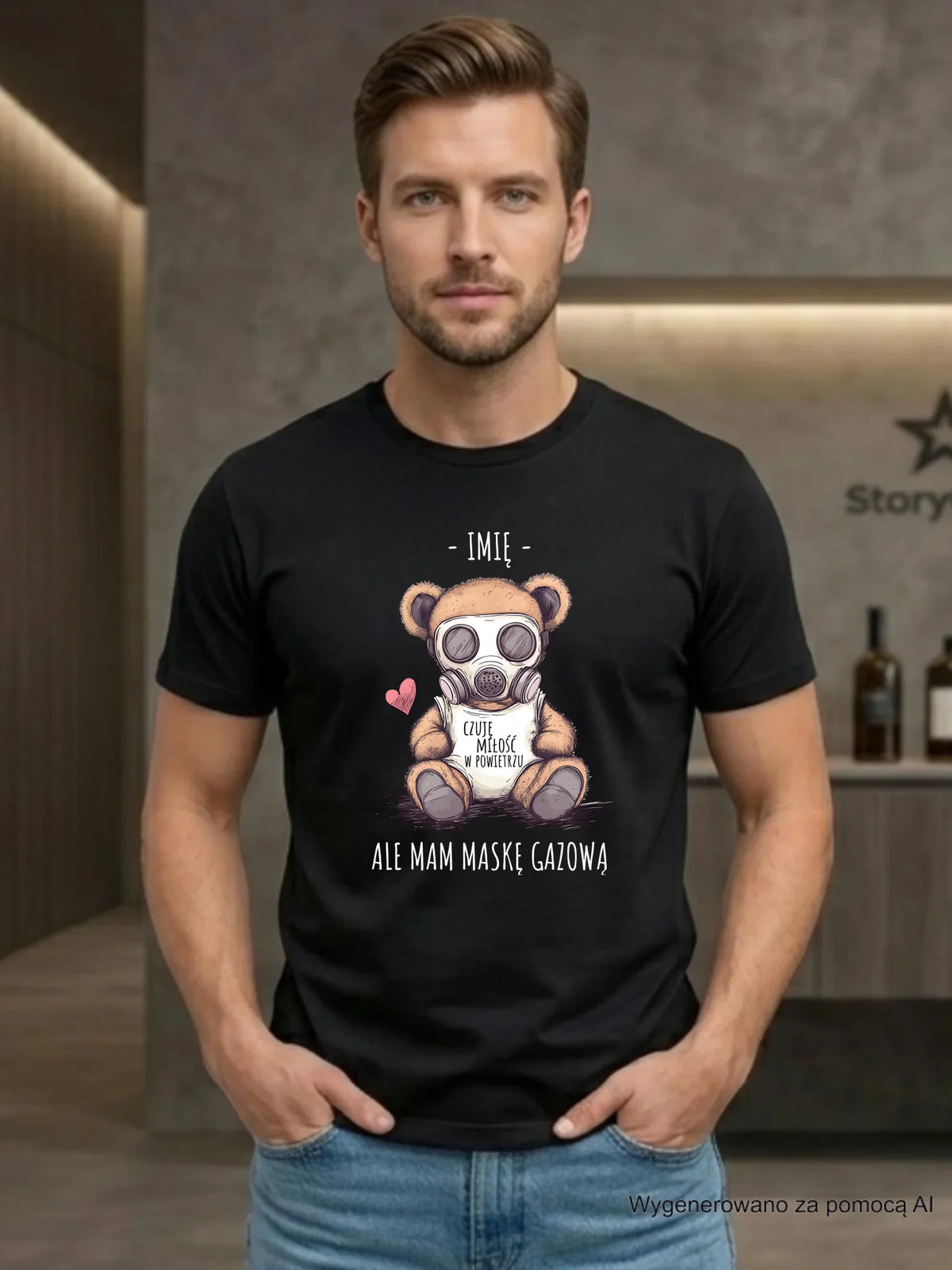 Koszulka męska - Miś w masce gazowej - Czuję miłość w powietrzu - personalizowana W38