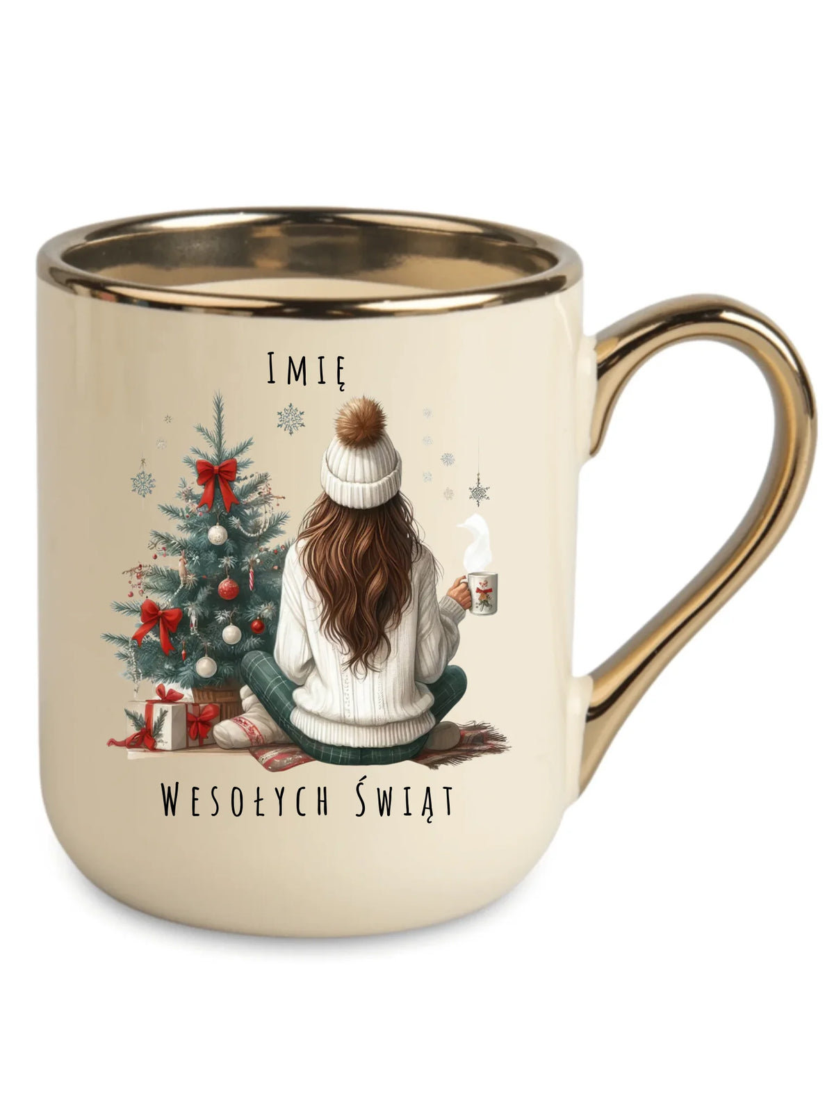Kubek elegant świąteczny - Dziewczyna przy choince - personalizowany BN15