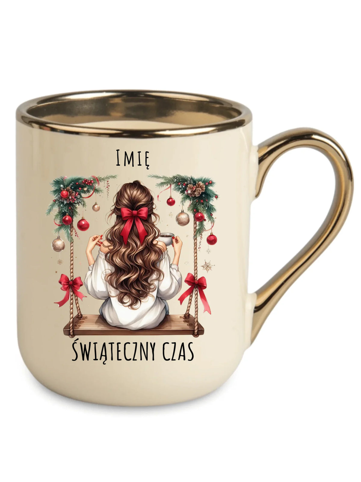 Kubek elegant świąteczny - Dziewczyna na huśtawce - Świąteczny czas - personalizowany BN105