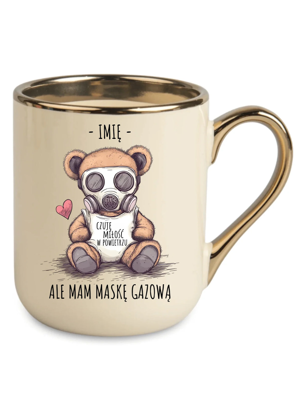Kubek elegant - Miś w masce gazowej - Czuję miłość w powietrzu - personalizowany W38