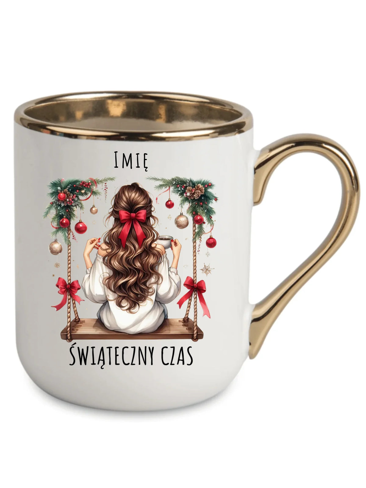 Kubek elegant świąteczny - Dziewczyna na huśtawce - Świąteczny czas - personalizowany BN105