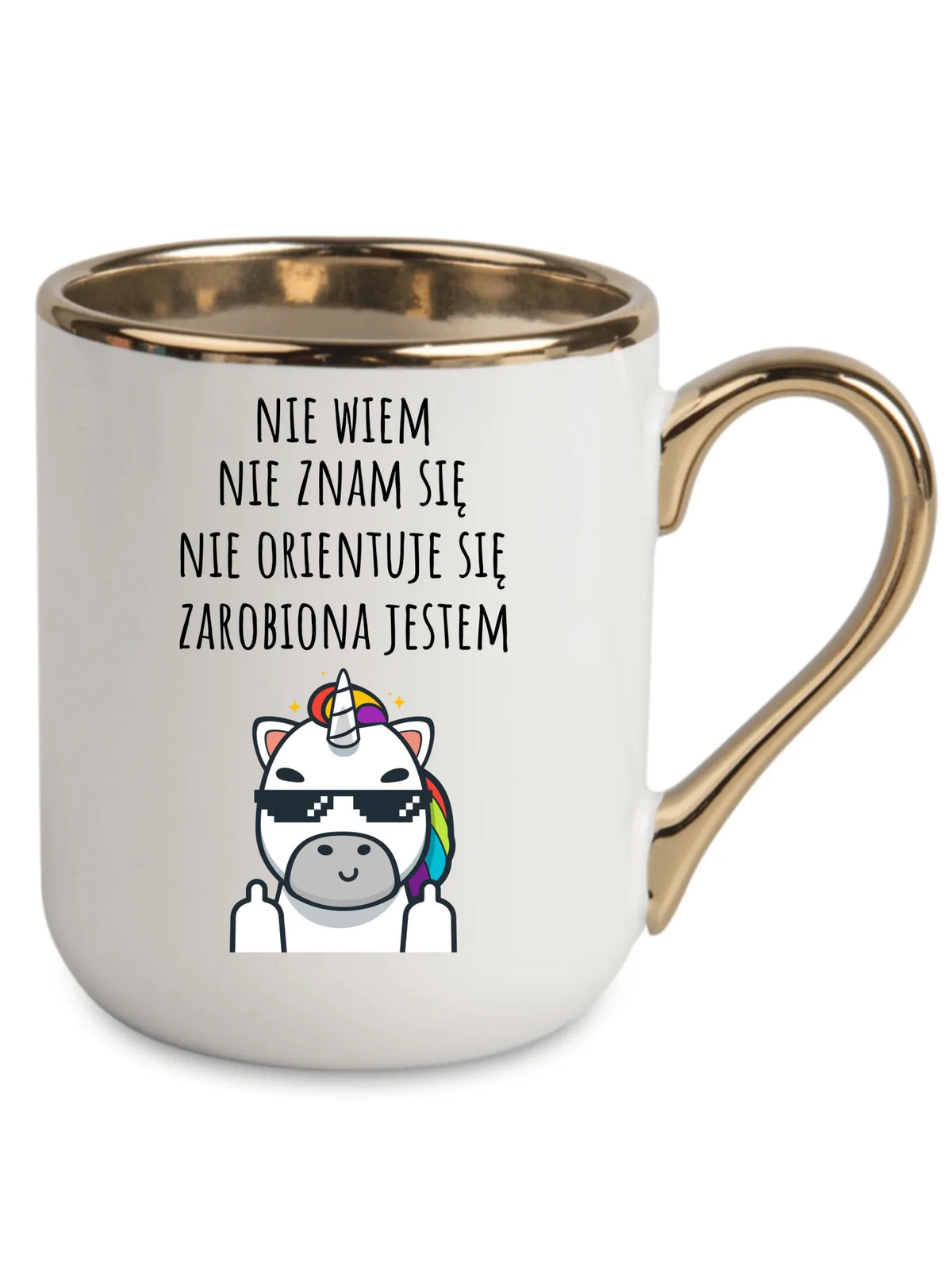 Śmieszny kubek elegant z napisem - Nie wiem, nie znam się, zarobiona jestem DZ05