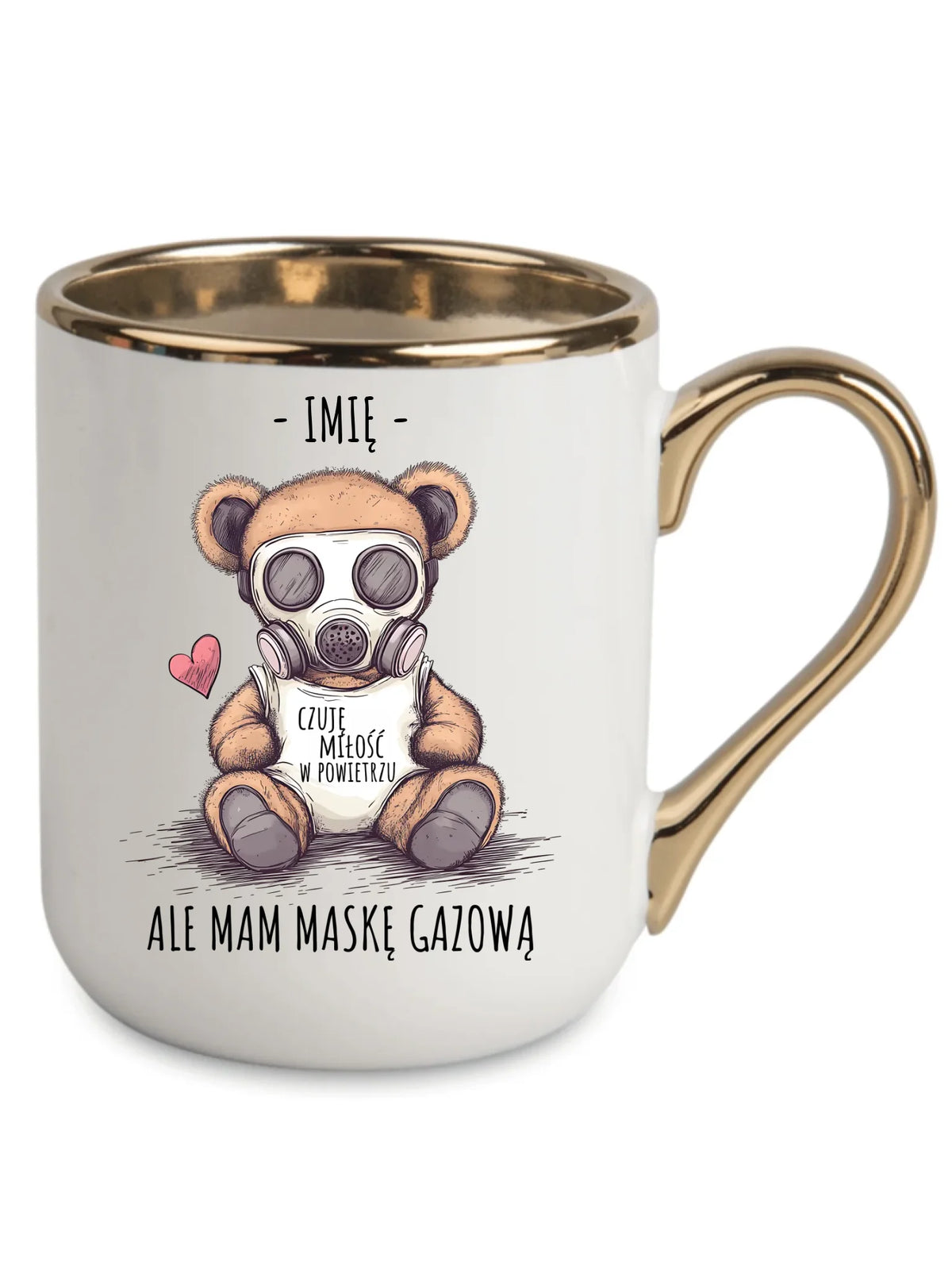Kubek elegant - Miś w masce gazowej - Czuję miłość w powietrzu - personalizowany W38
