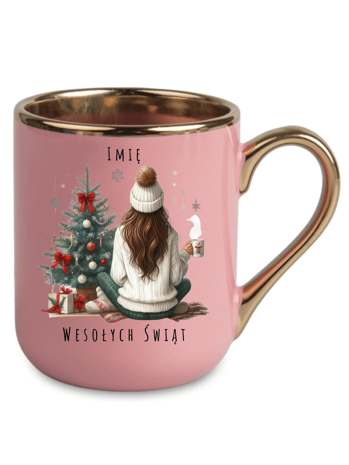 Kubek elegant świąteczny - Dziewczyna przy choince - personalizowany BN15