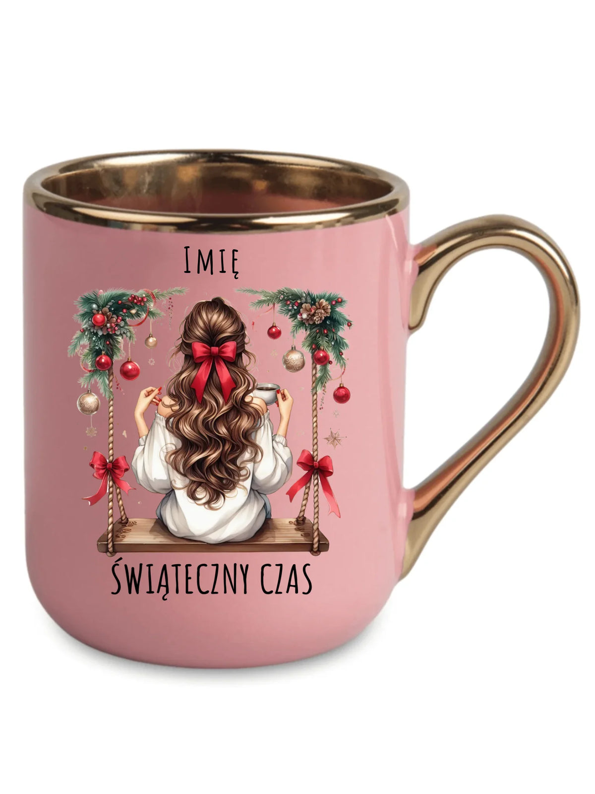 Kubek elegant świąteczny - Dziewczyna na huśtawce - Świąteczny czas - personalizowany BN105