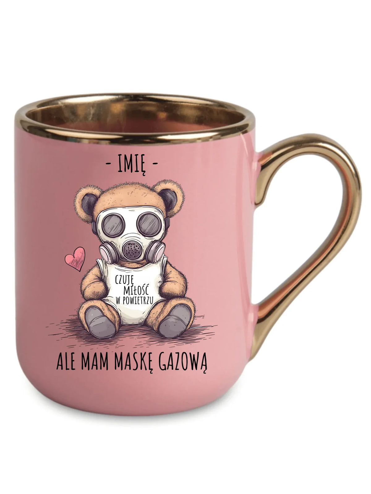 Kubek elegant - Miś w masce gazowej - Czuję miłość w powietrzu - personalizowany W38